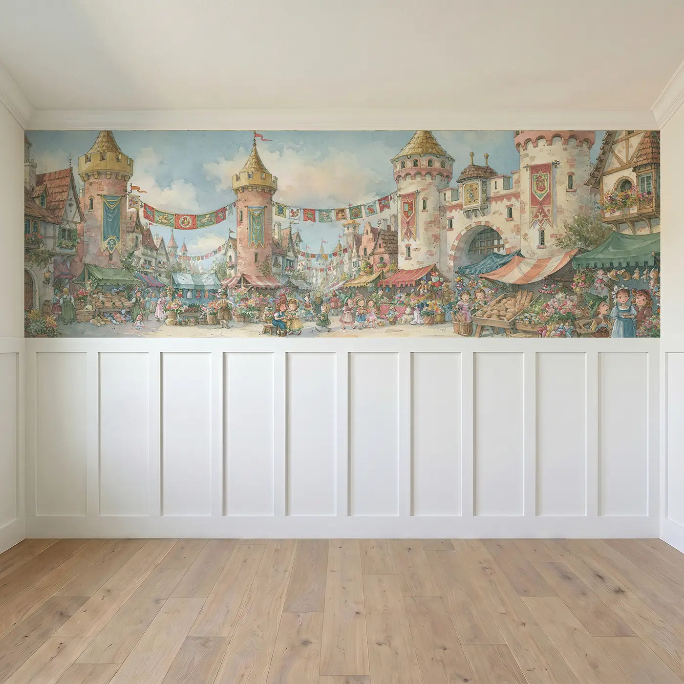 Full panel view of Castle Marketplace Banner Day Wainscoting Wallpaper by Whimsy Tots