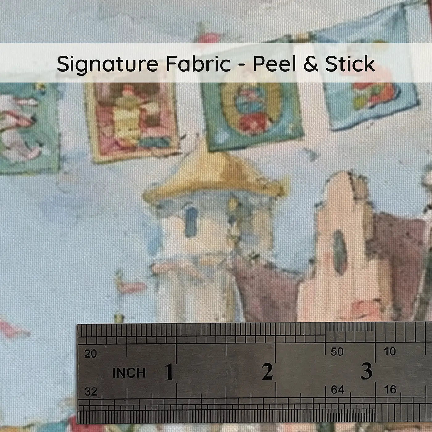 Fabric texture close-up of Castle Marketplace Banner Day Wainscoting Wallpaper by Whimsy Tots