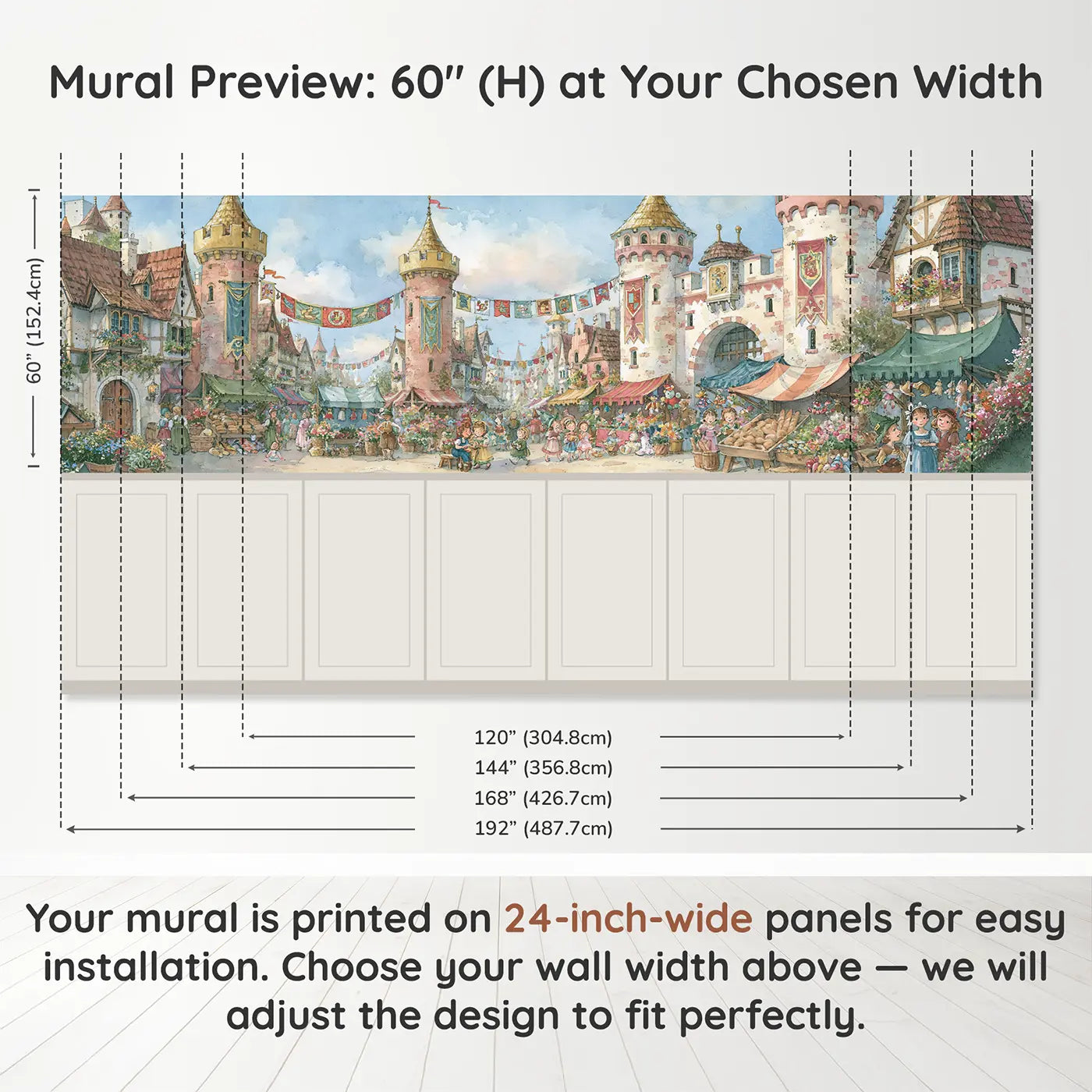 Panel dimensions for Castle Marketplace Banner Day Wainscoting Wallpaper by Whimsy Tots