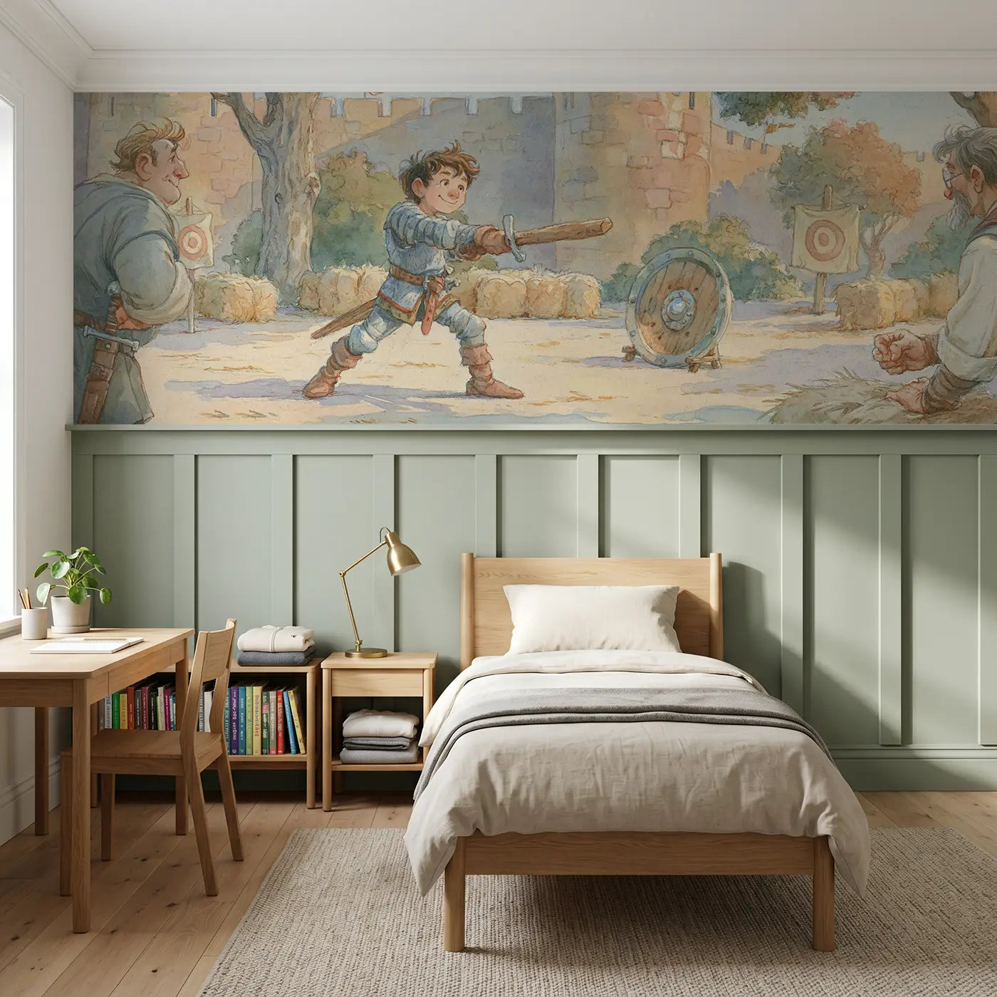 Storybook knight training courtyard noon wainscoting wallpaper for bedroom by Whimsy Tots