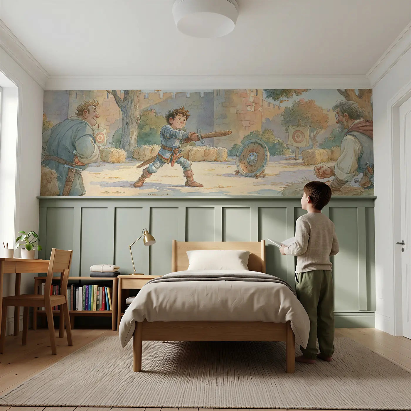 Child reading near Knight Training Courtyard Noon Wainscoting Wallpaper by Whimsy Tots