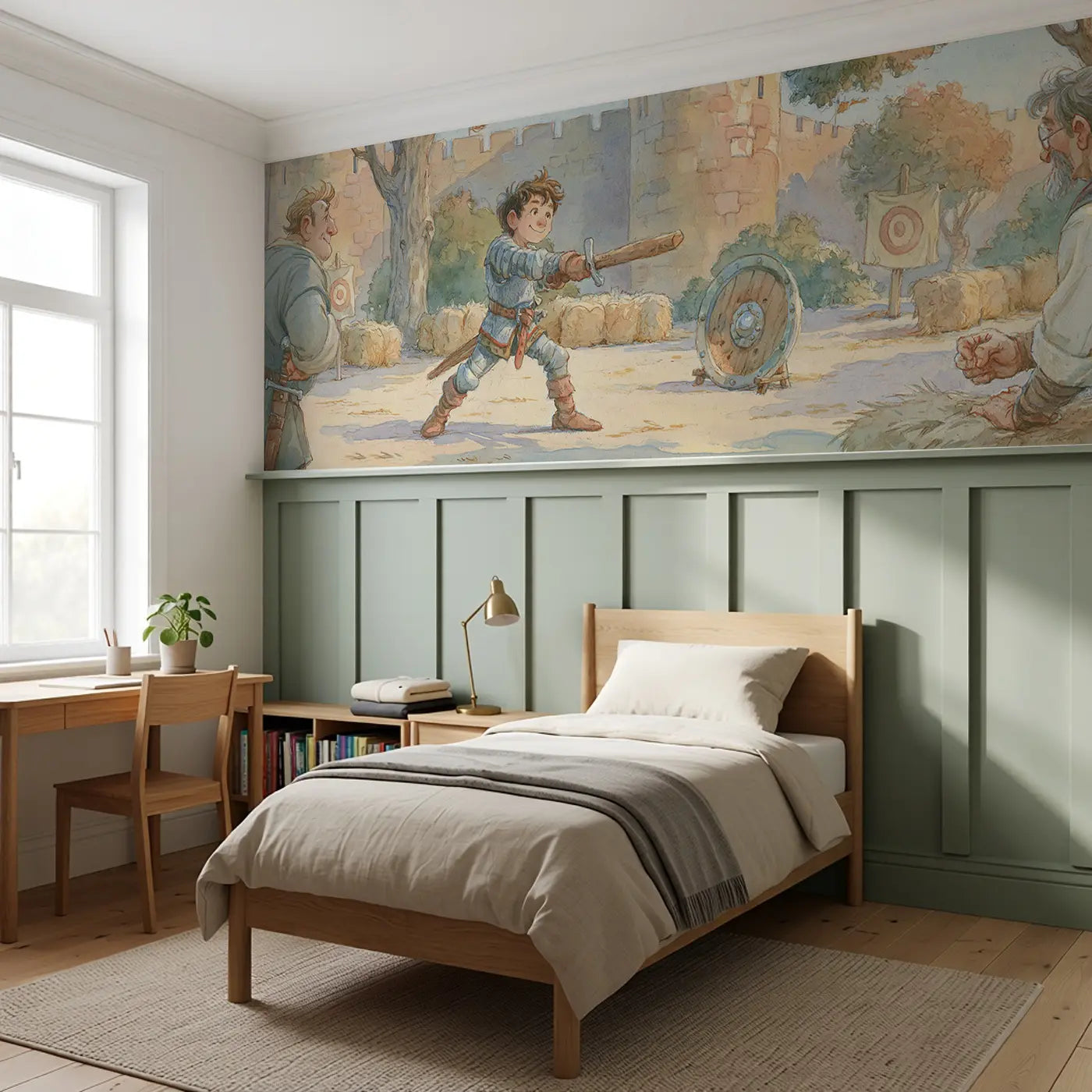 Knight Training Courtyard Noon Wainscoting Wallpaper styled in a kids bedroom by Whimsy Tots