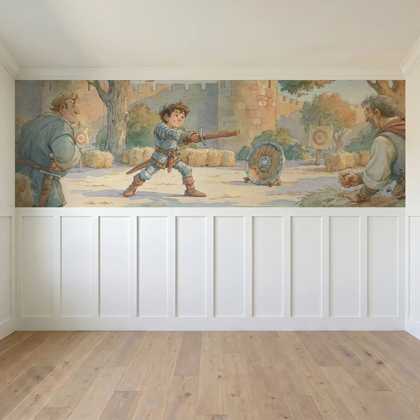 Full panel view of Knight Training Courtyard Noon Wainscoting Wallpaper by Whimsy Tots