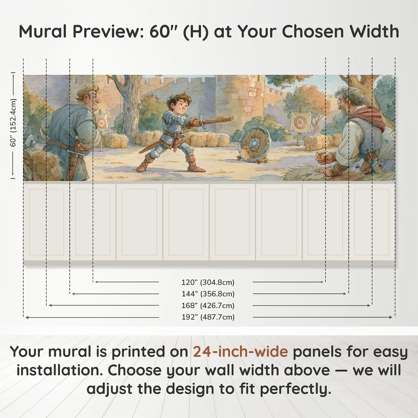 Panel dimensions for Knight Training Courtyard Noon Wainscoting Wallpaper by Whimsy Tots