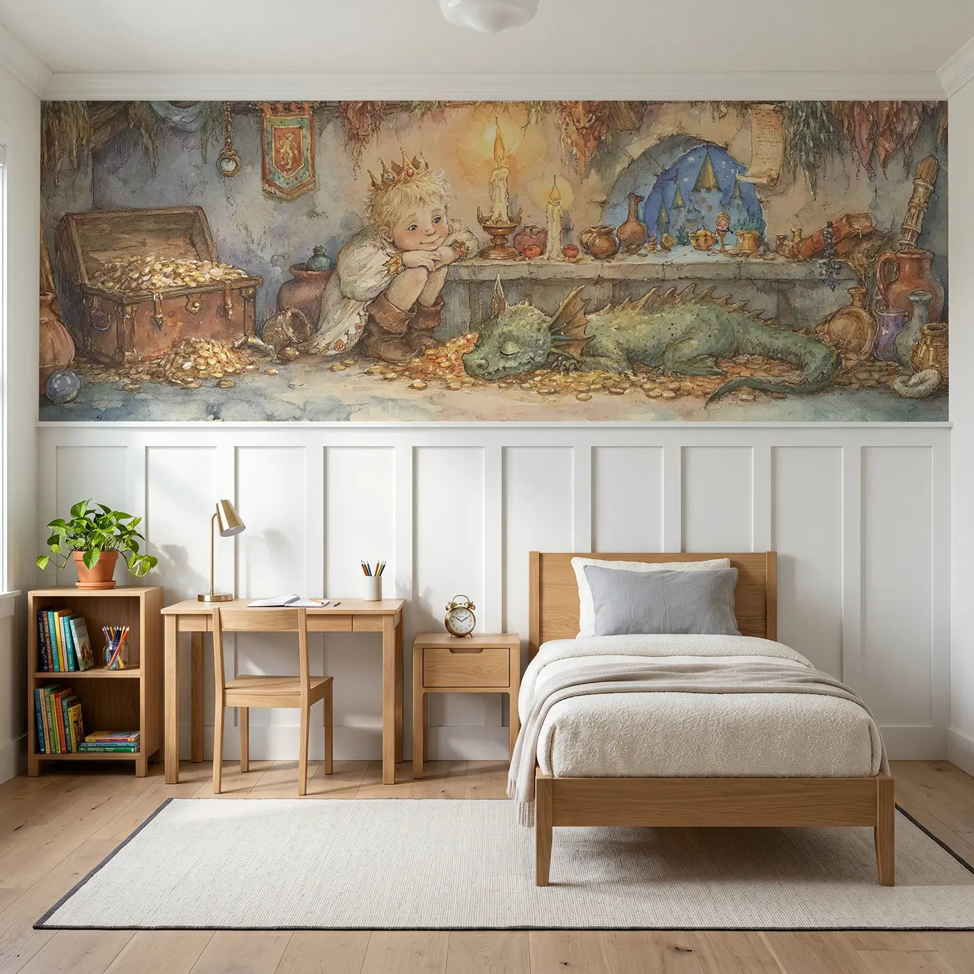 Storybook castle treasury golden room wainscoting wallpaper for bedroom by Whimsy Tots