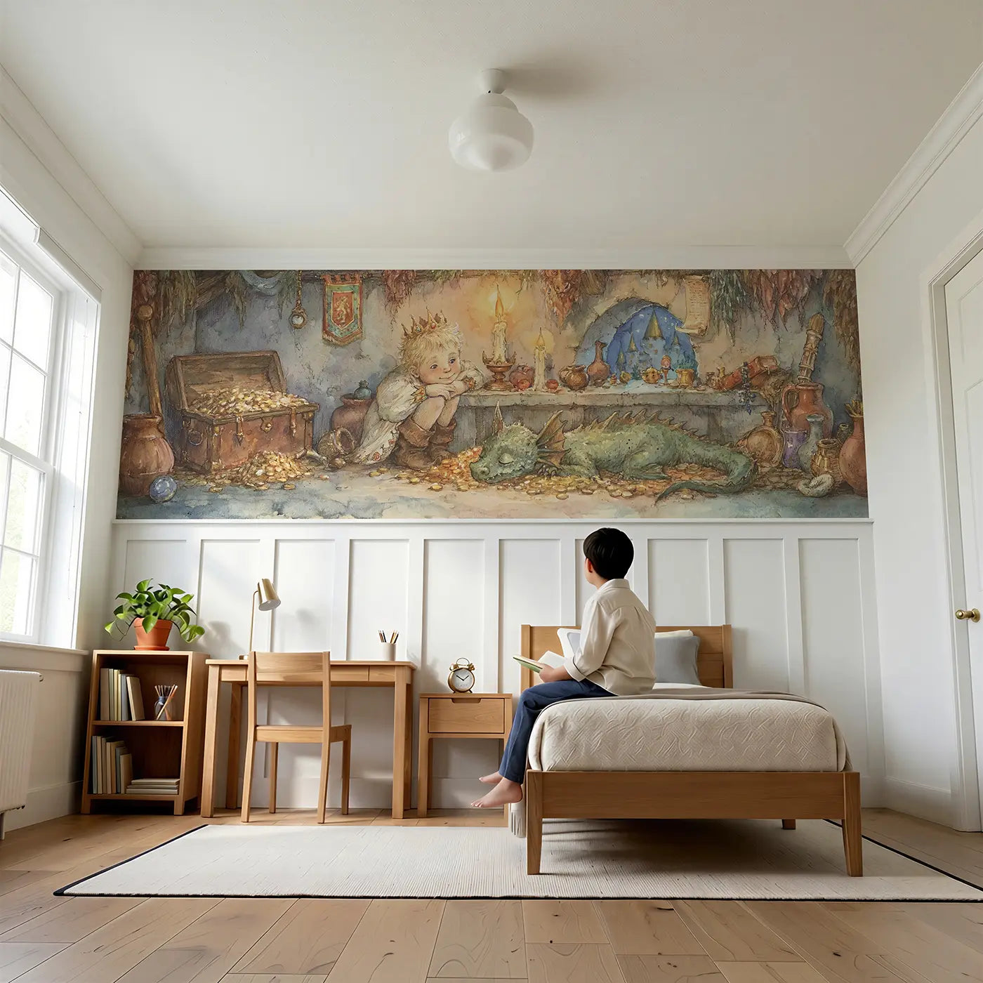 Child reading near Castle Treasury Golden Room Wainscoting Wallpaper by Whimsy Tots