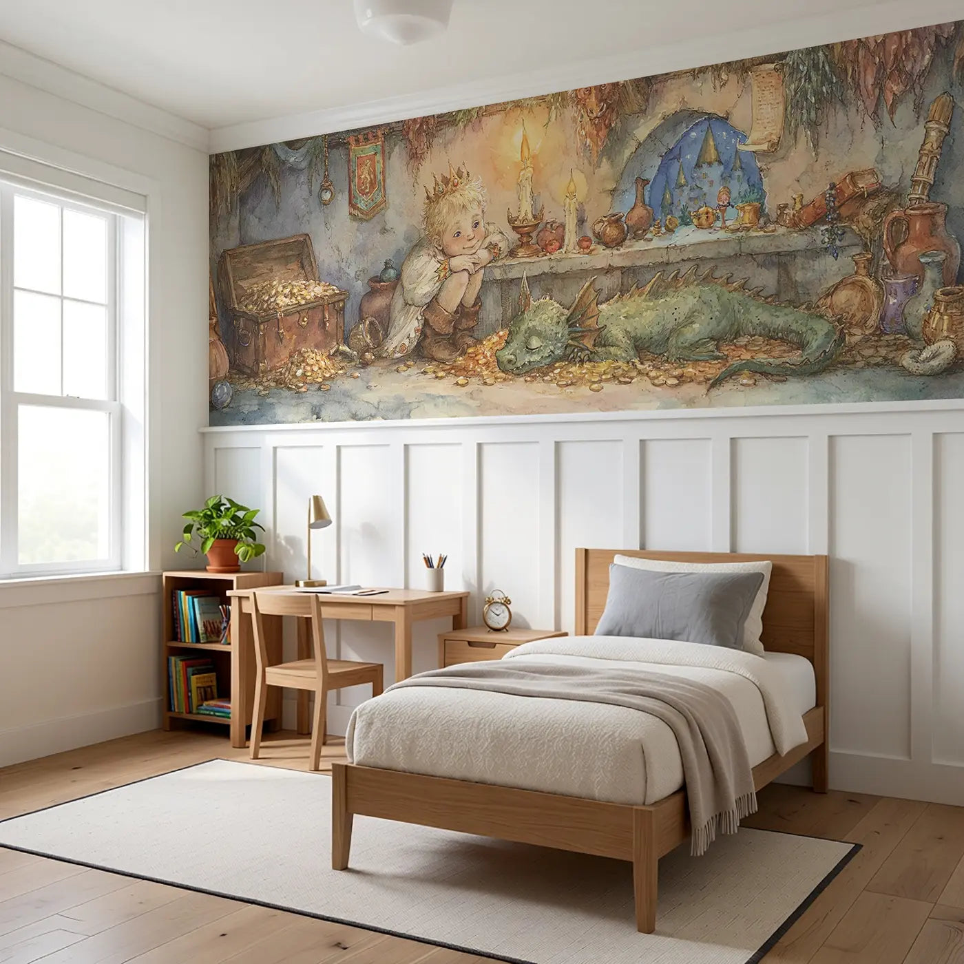 Castle Treasury Golden Room Wainscoting Wallpaper styled in a kids bedroom by Whimsy Tots