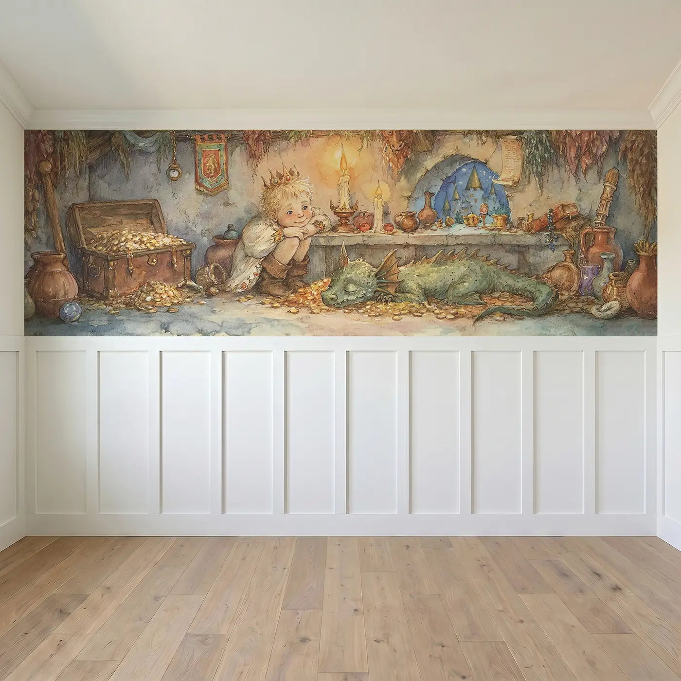 Full panel view of Castle Treasury Golden Room Wainscoting Wallpaper by Whimsy Tots