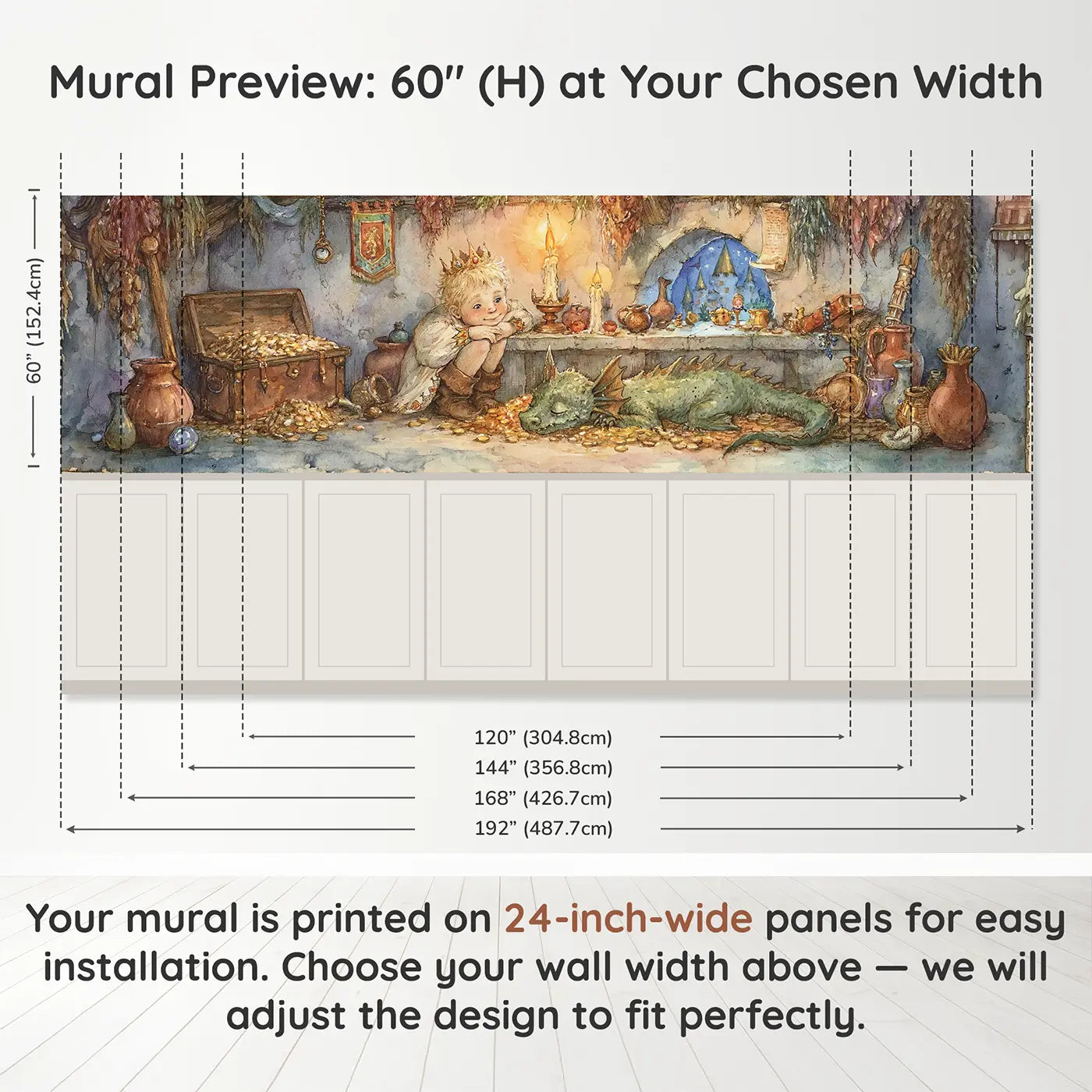 Panel dimensions for Castle Treasury Golden Room Wainscoting Wallpaper by Whimsy Tots