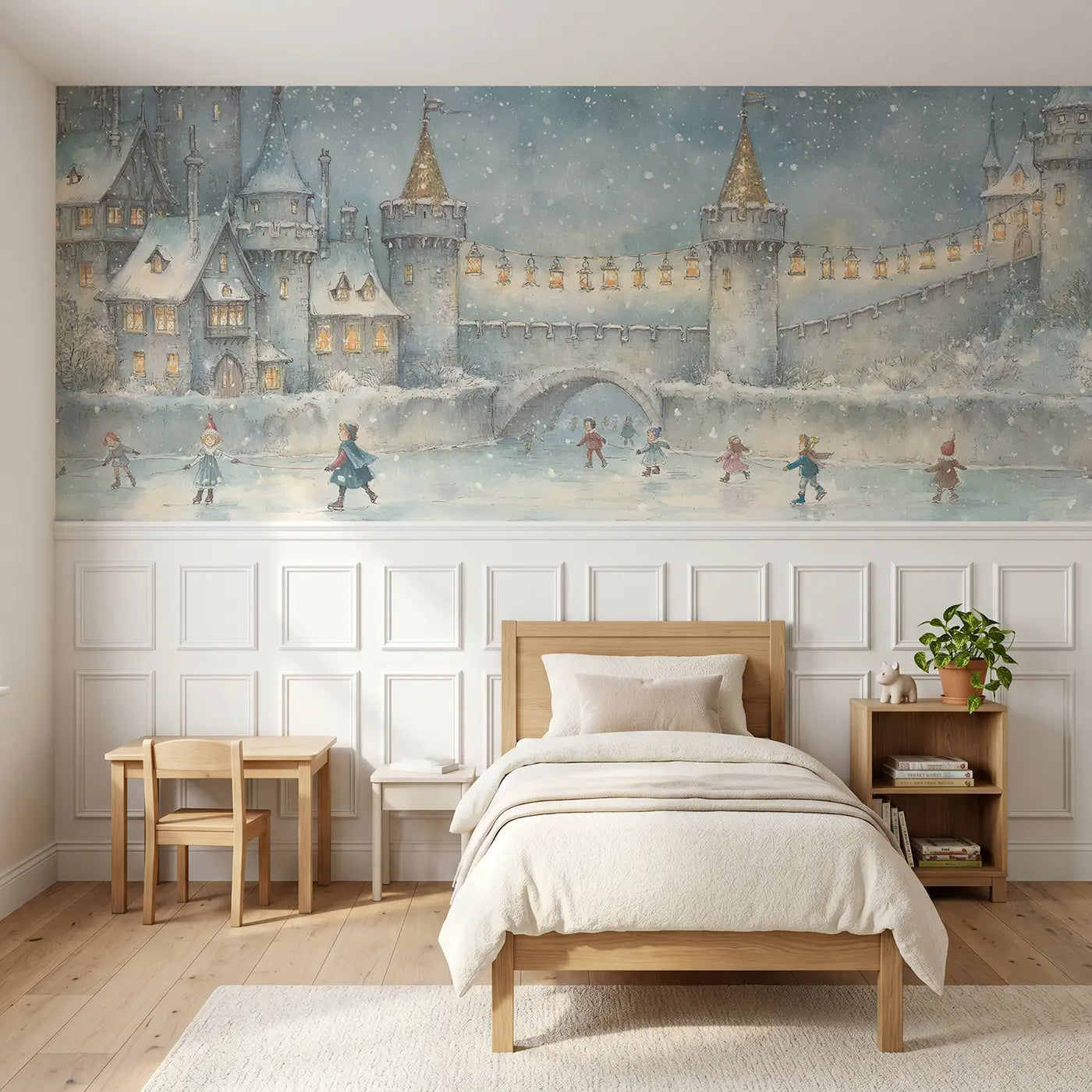 Storybook castle winter snow celebration wainscoting wallpaper for bedroom by Whimsy Tots