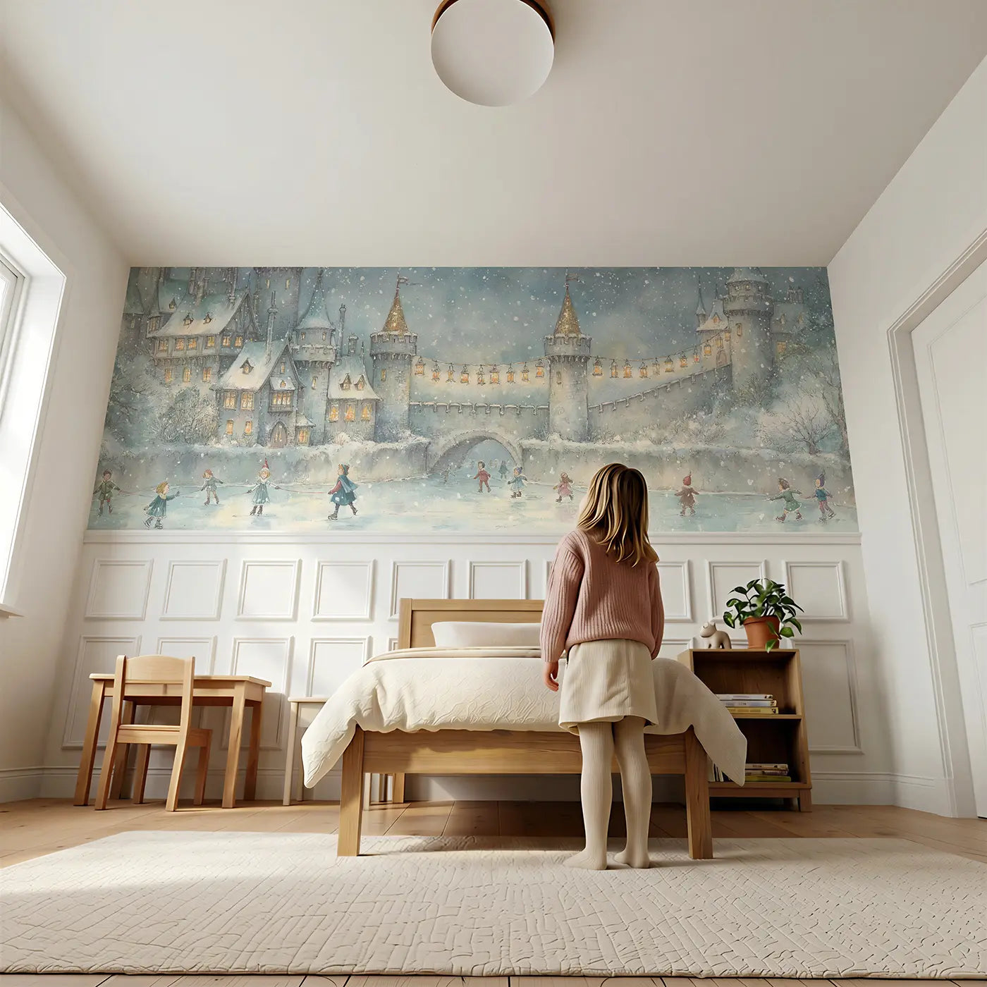 Child reading near Castle Winter Snow Celebration Wainscoting Wallpaper by Whimsy Tots