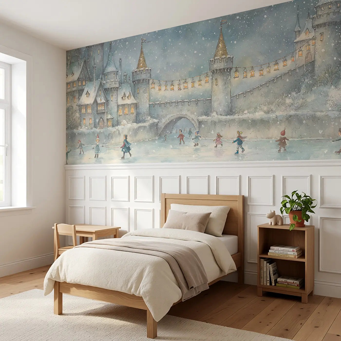 Castle Winter Snow Celebration Wainscoting Wallpaper styled in a kids bedroom by Whimsy Tots