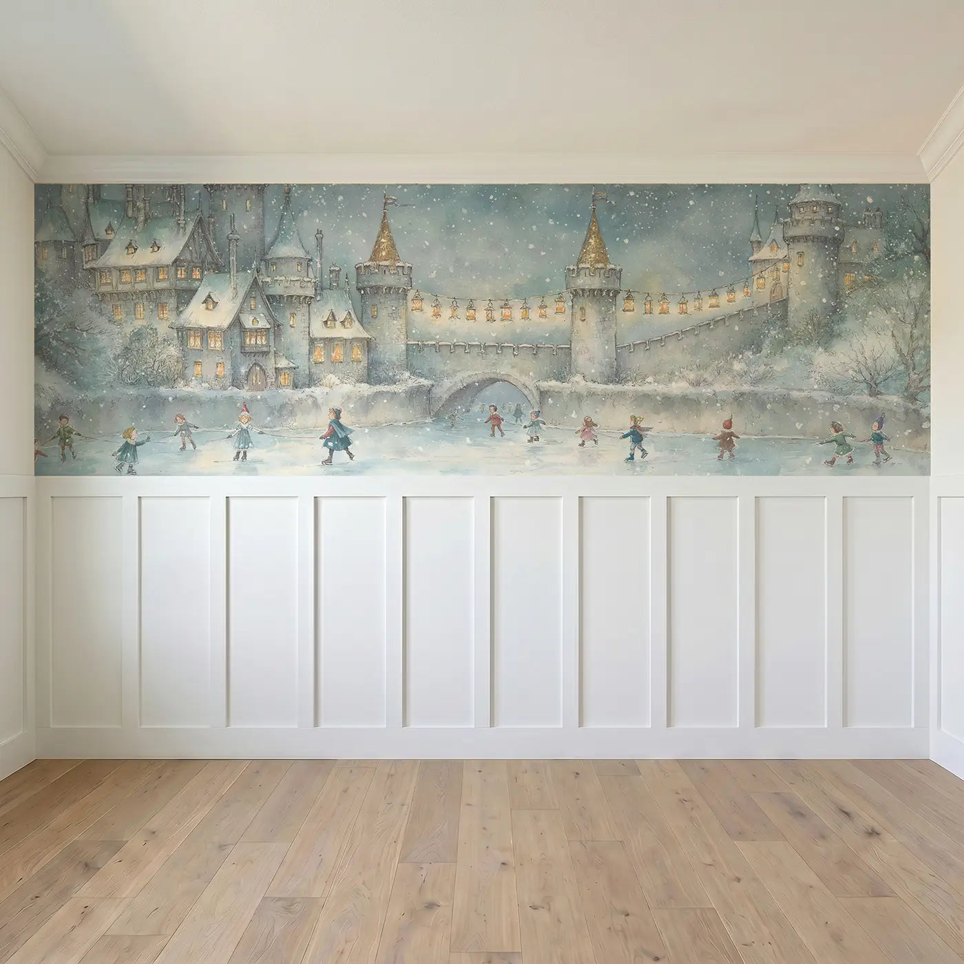 Full panel view of Castle Winter Snow Celebration Wainscoting Wallpaper by Whimsy Tots