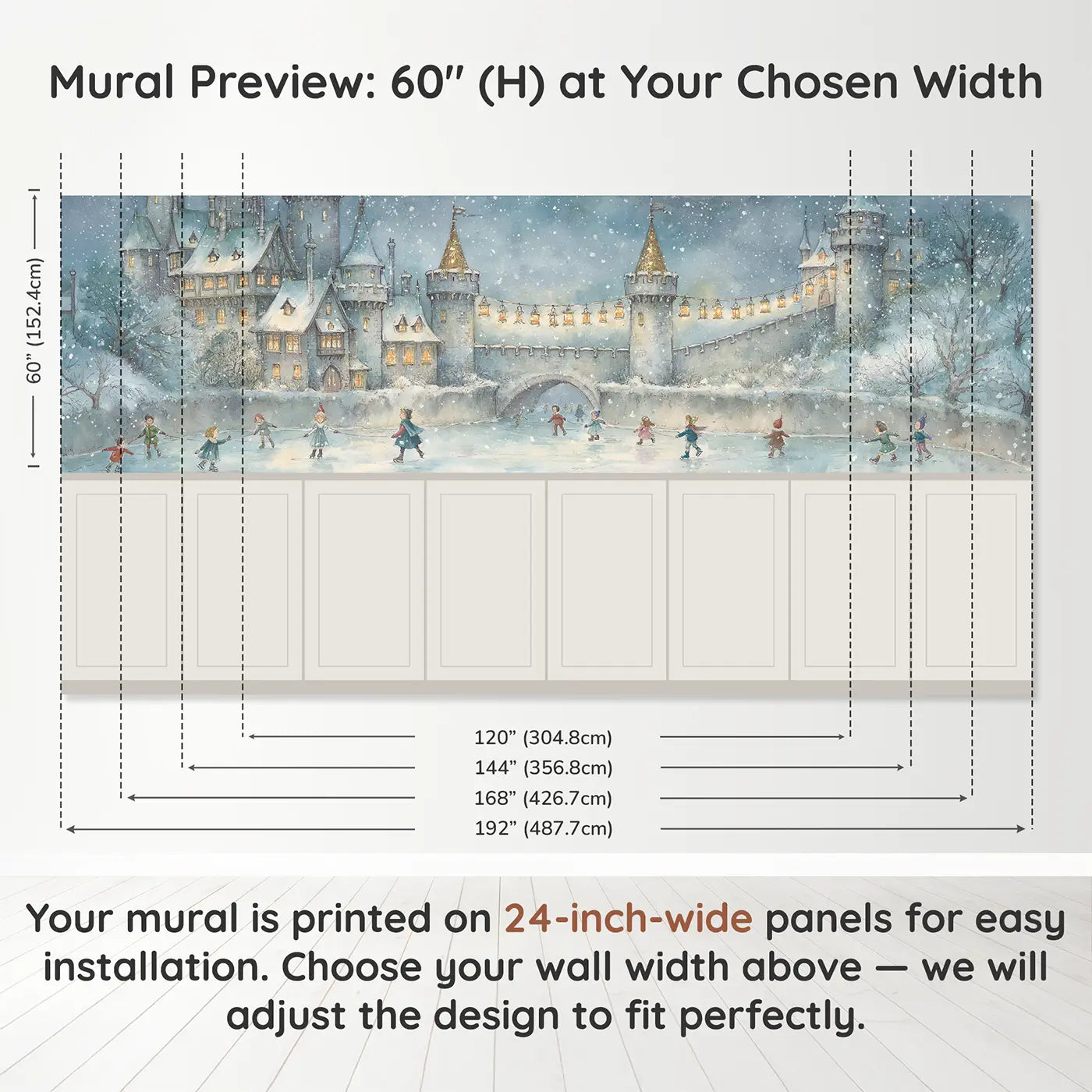 Panel dimensions for Castle Winter Snow Celebration Wainscoting Wallpaper by Whimsy Tots