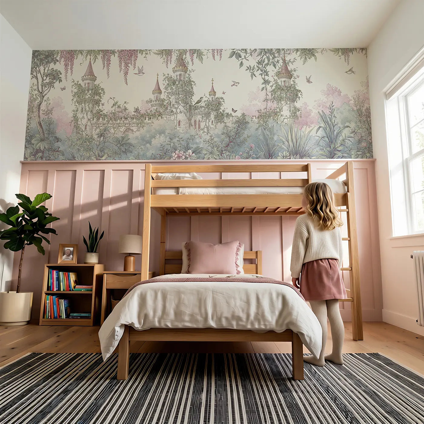 Child reading near Castle Garden Vines Toile Wainscoting Wallpaper by Whimsy Tots