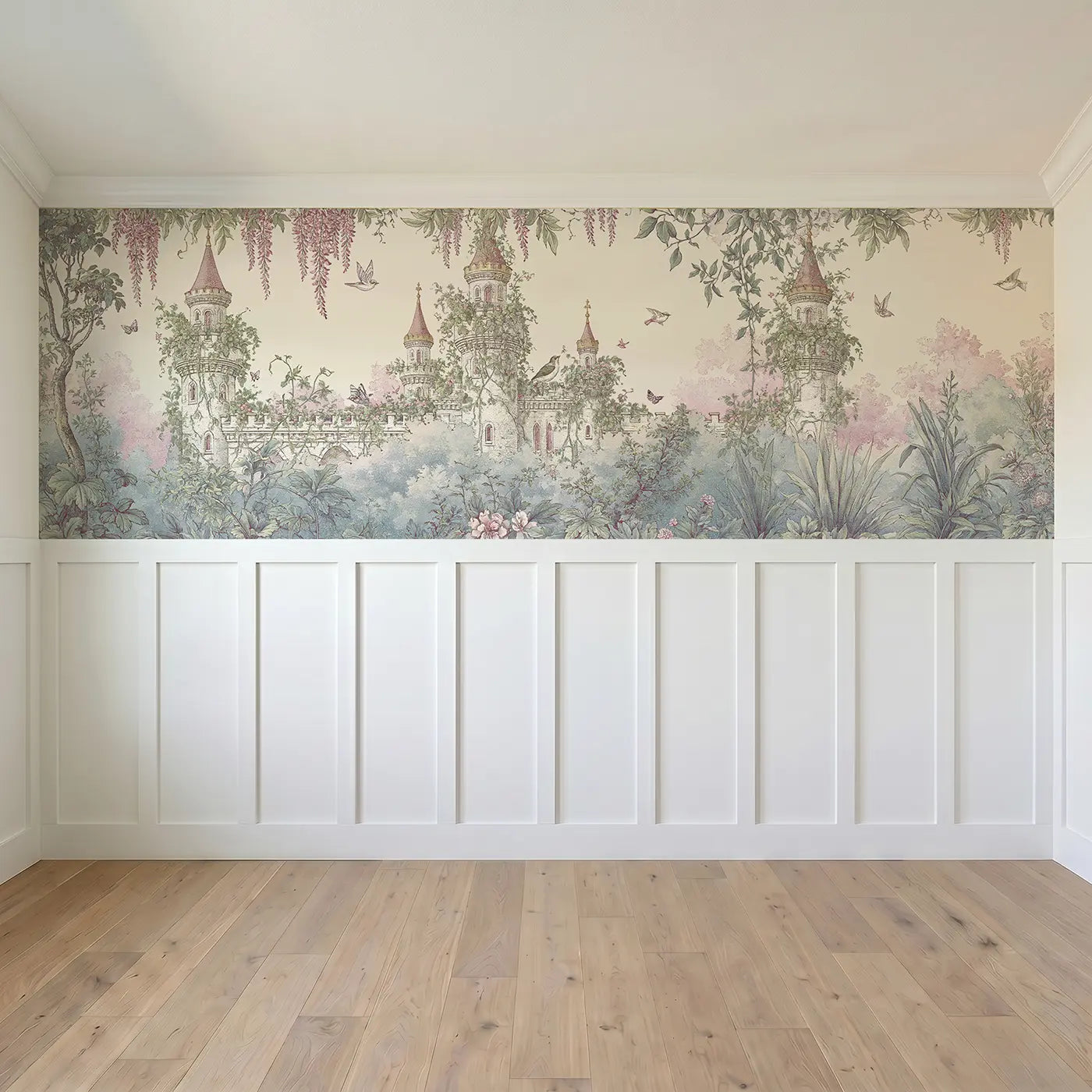 Full panel view of Castle Garden Vines Toile Wainscoting Wallpaper by Whimsy Tots