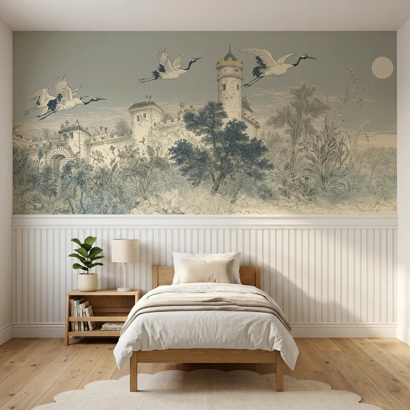 Botanical Elegance castle moonlit crane tower toile wainscoting wallpaper for bedroom by Whimsy Tots