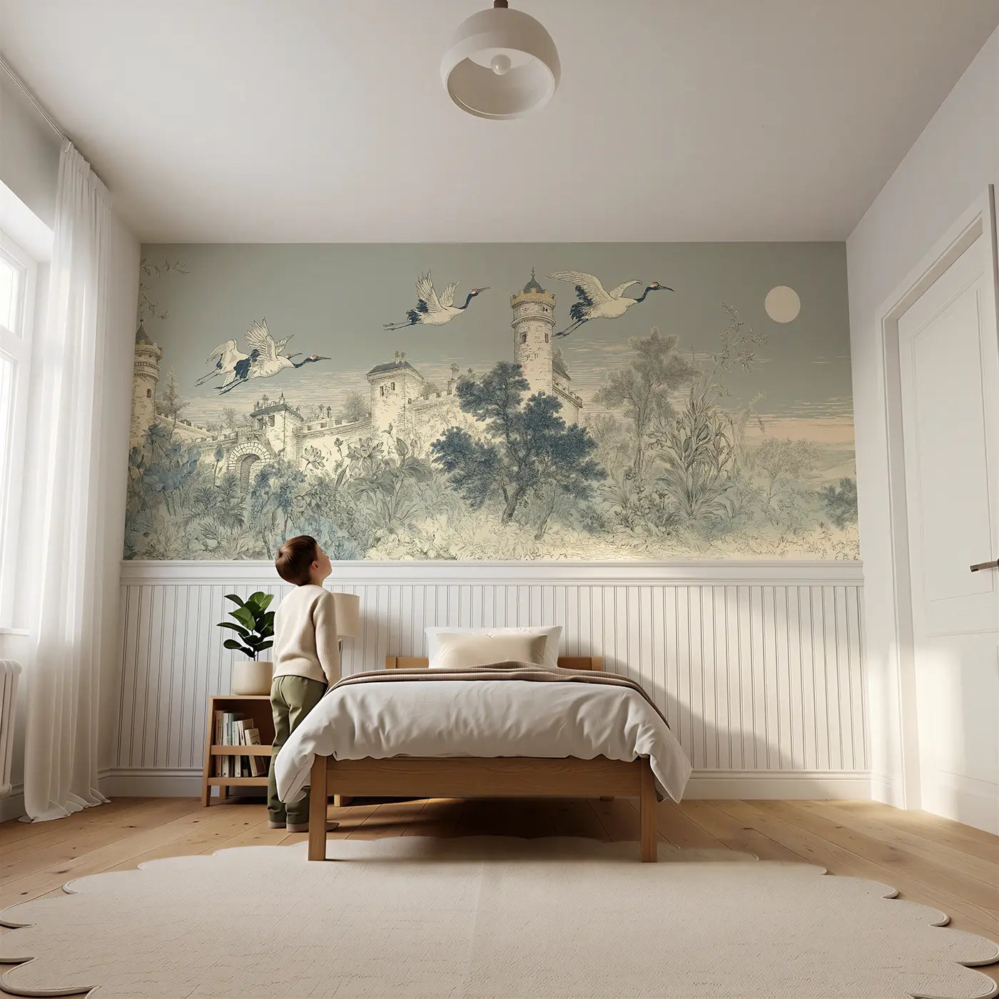 Child reading near Castle Moonlit Crane Tower Wainscoting Wallpaper by Whimsy Tots