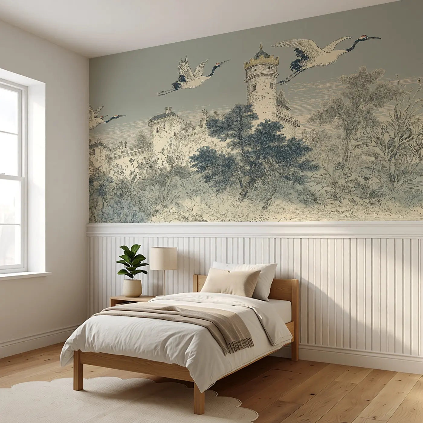 Castle Moonlit Crane Tower Wainscoting Wallpaper styled in a kids bedroom by Whimsy Tots