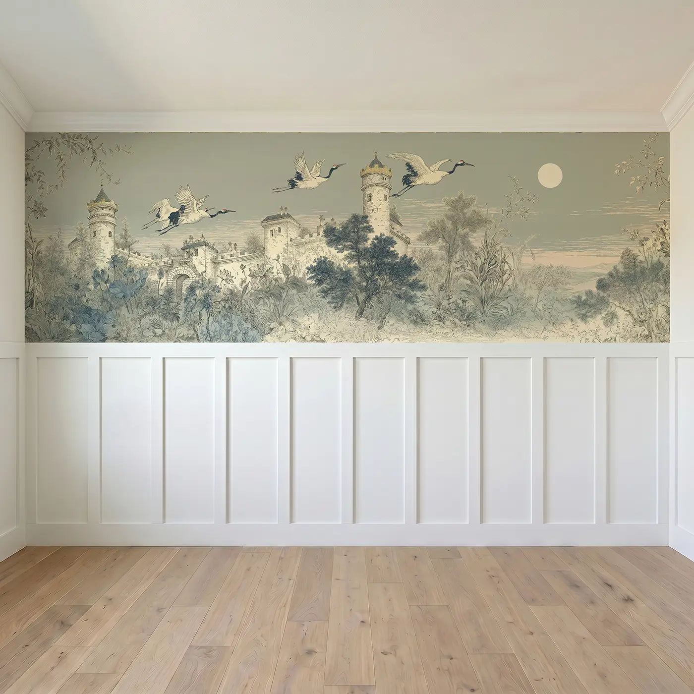 Full panel view of Castle Moonlit Crane Tower Wainscoting Wallpaper by Whimsy Tots