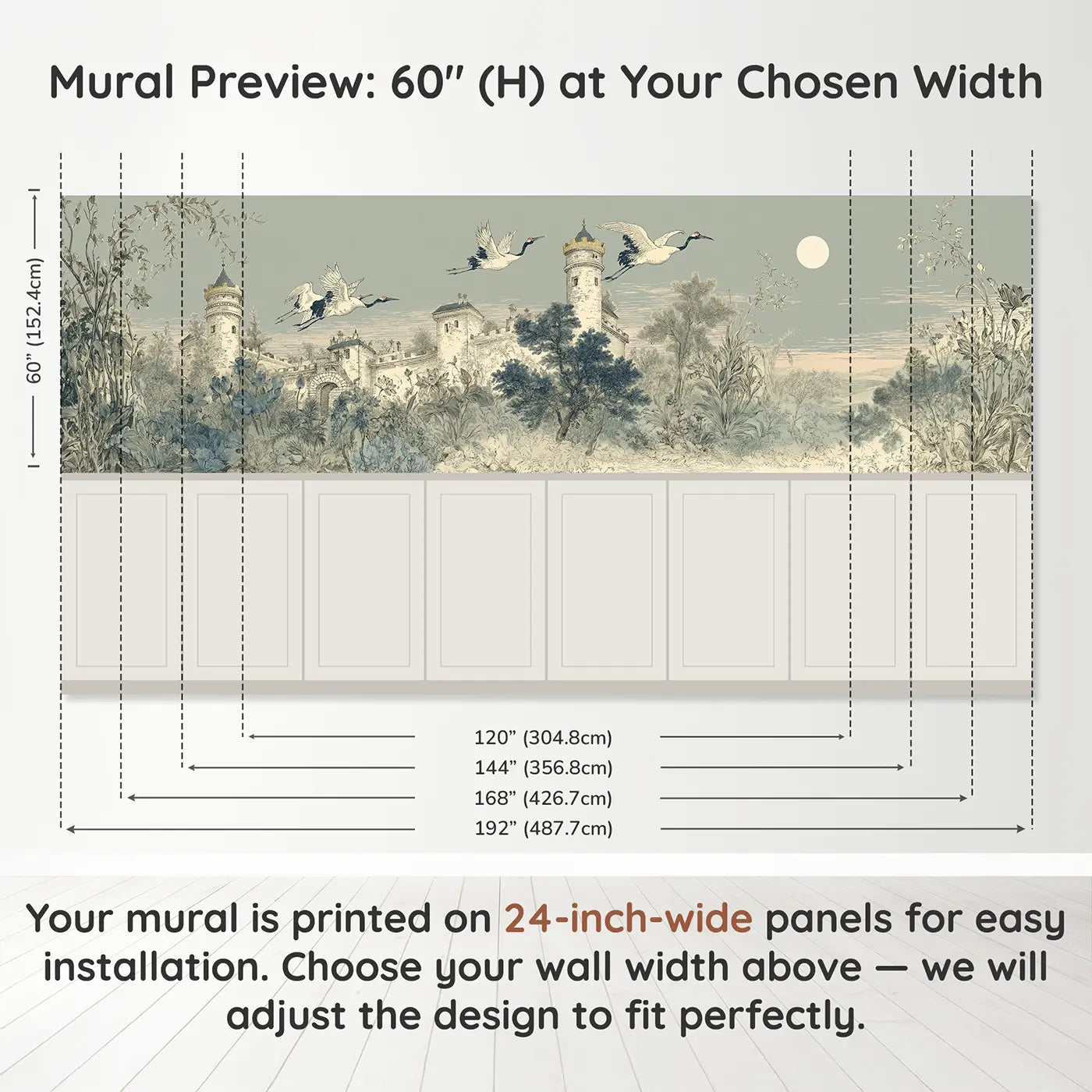 Panel dimensions for Castle Moonlit Crane Tower Wainscoting Wallpaper by Whimsy Tots