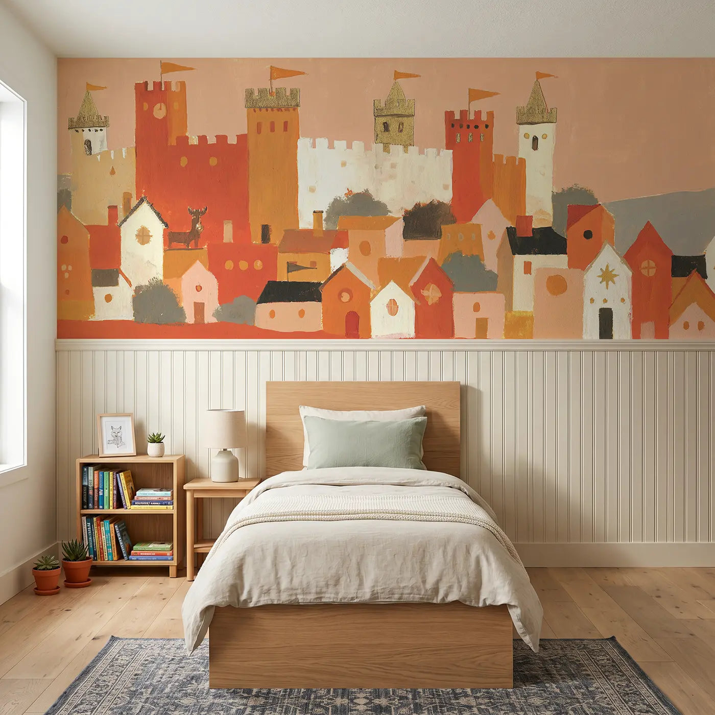 Modern Illustration castle village below wainscoting wallpaper for bedroom by Whimsy Tots