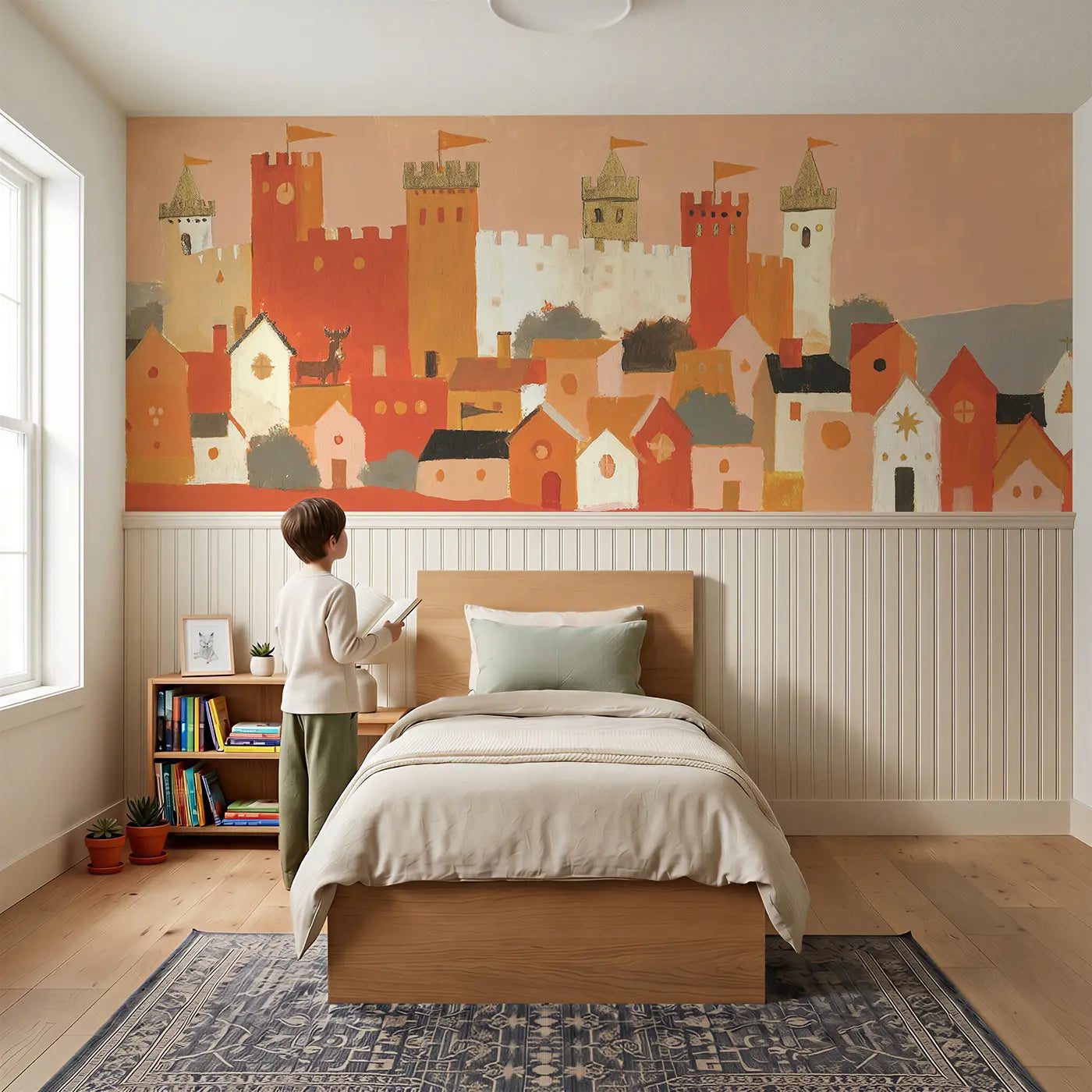 Child reading near Flat Castle Village Below Wainscoting Wallpaper by Whimsy Tots