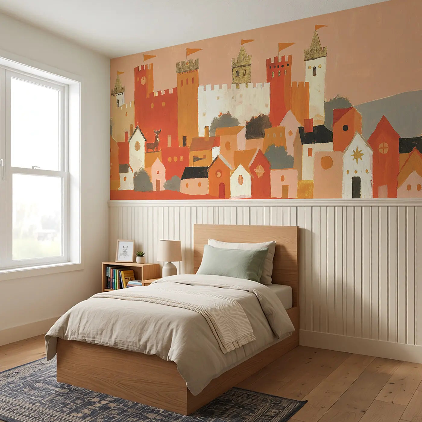 Flat Castle Village Below Wainscoting Wallpaper styled in a kids bedroom by Whimsy Tots