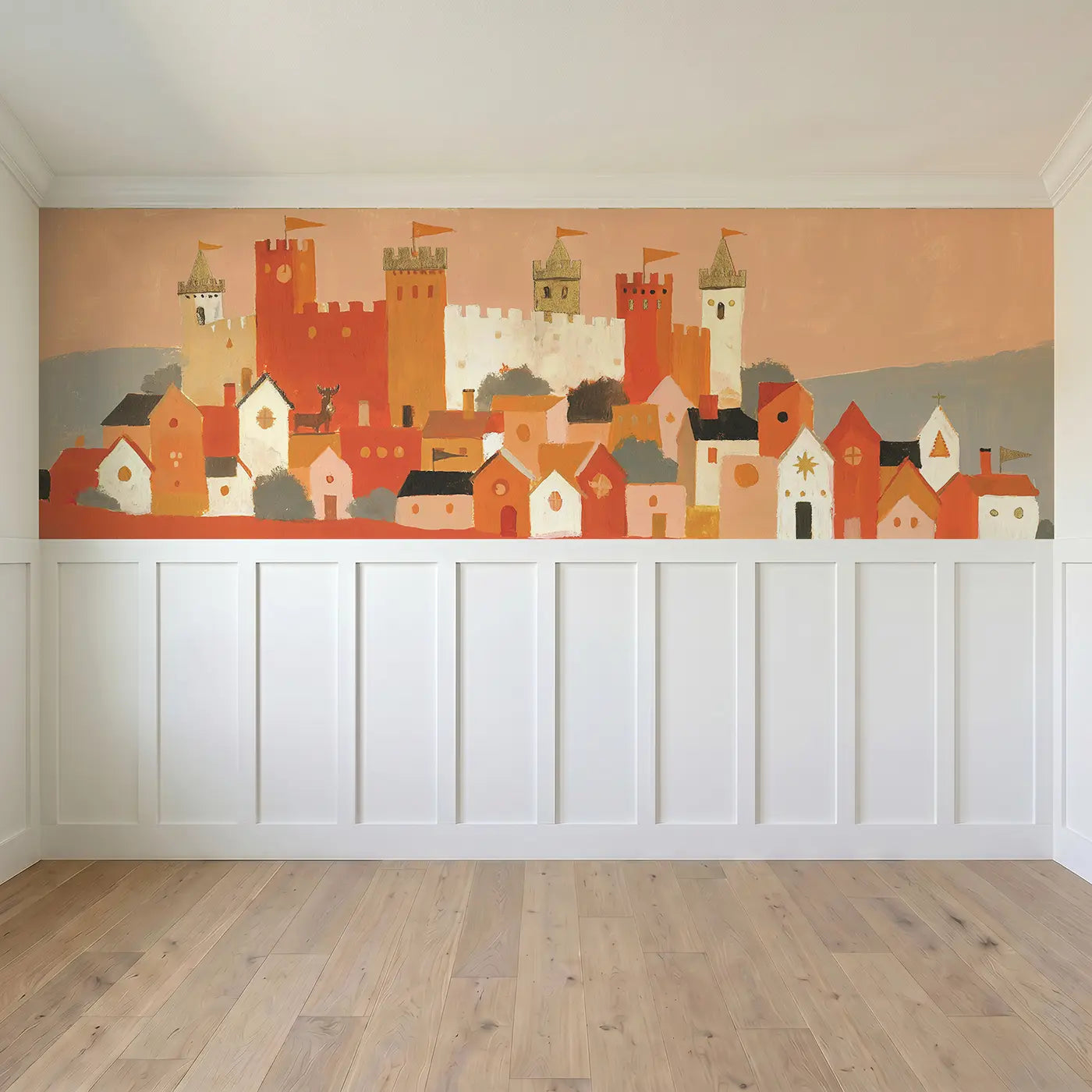 Full panel view of Flat Castle Village Below Wainscoting Wallpaper by Whimsy Tots