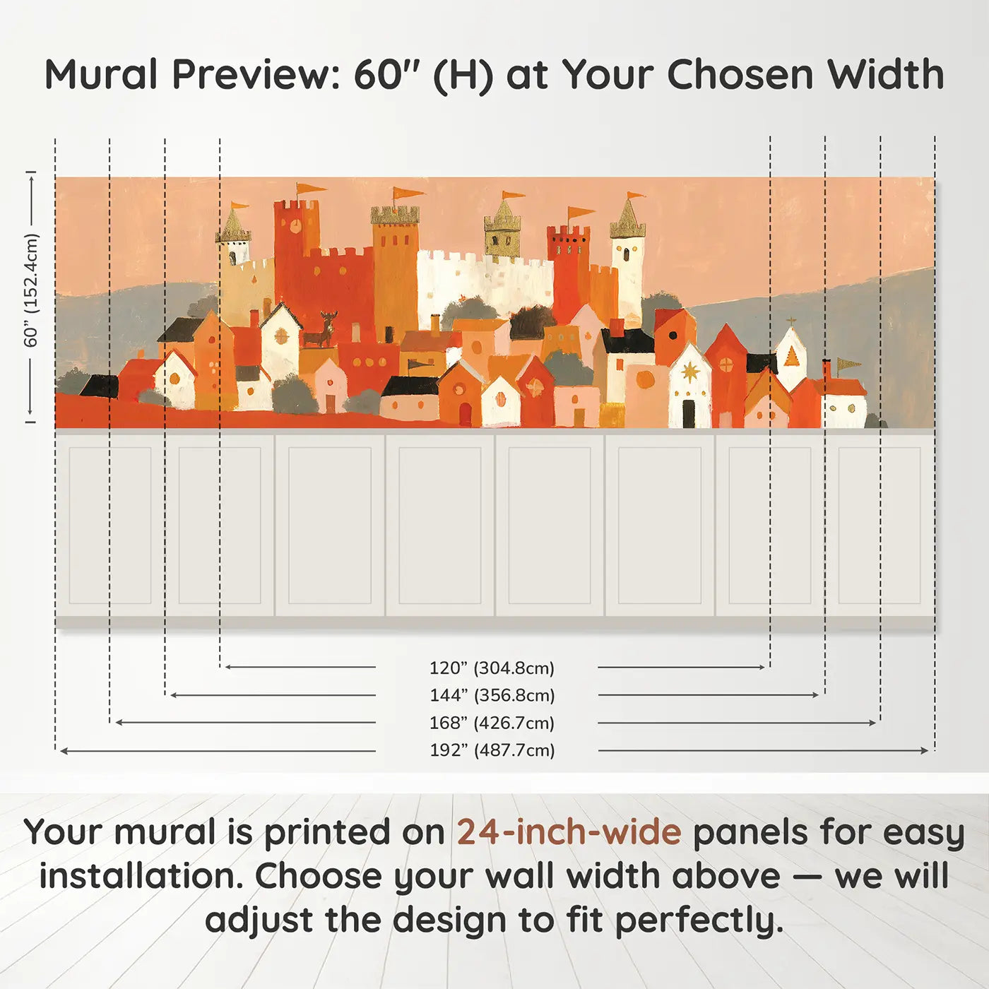 Panel dimensions for Flat Castle Village Below Wainscoting Wallpaper by Whimsy Tots
