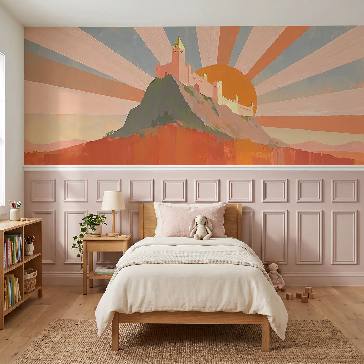 Modern Illustration castle mountain sunrise wainscoting wallpaper for bedroom by Whimsy Tots