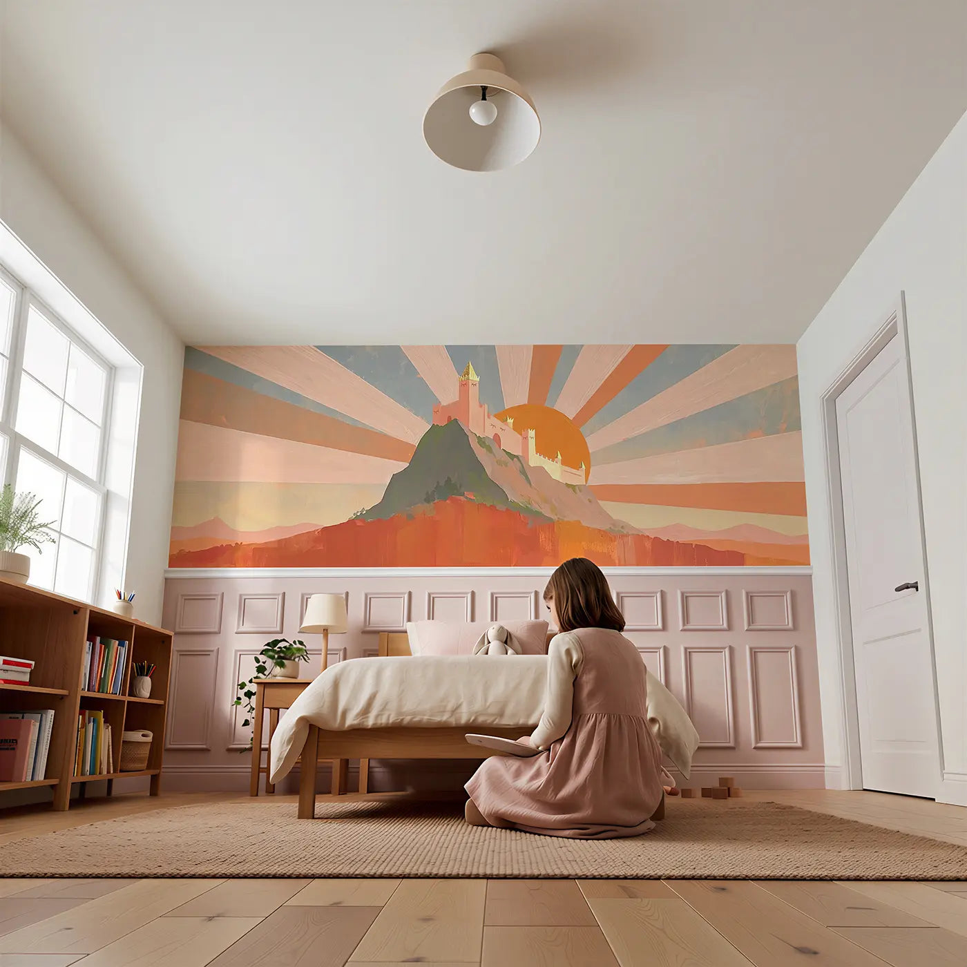 Child reading near Bold Castle Mountain Sunrise Wainscoting Wallpaper by Whimsy Tots