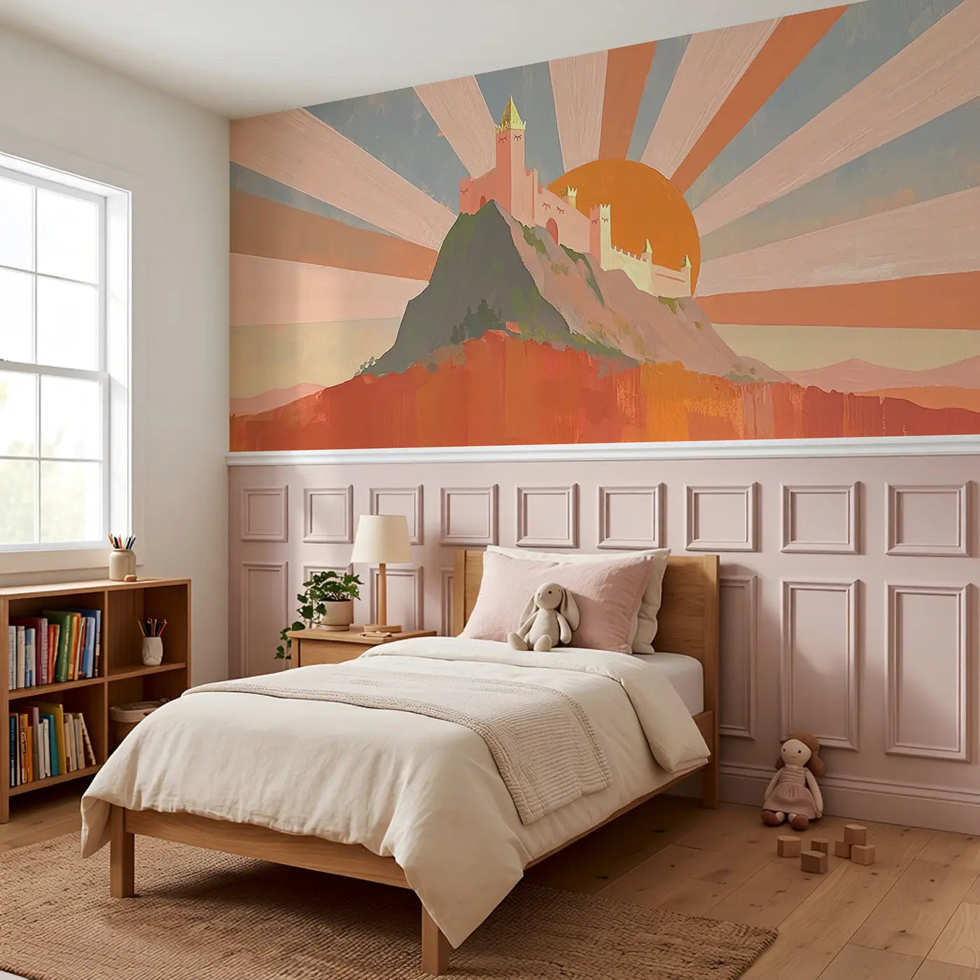 Bold Castle Mountain Sunrise Wainscoting Wallpaper styled in a kids bedroom by Whimsy Tots