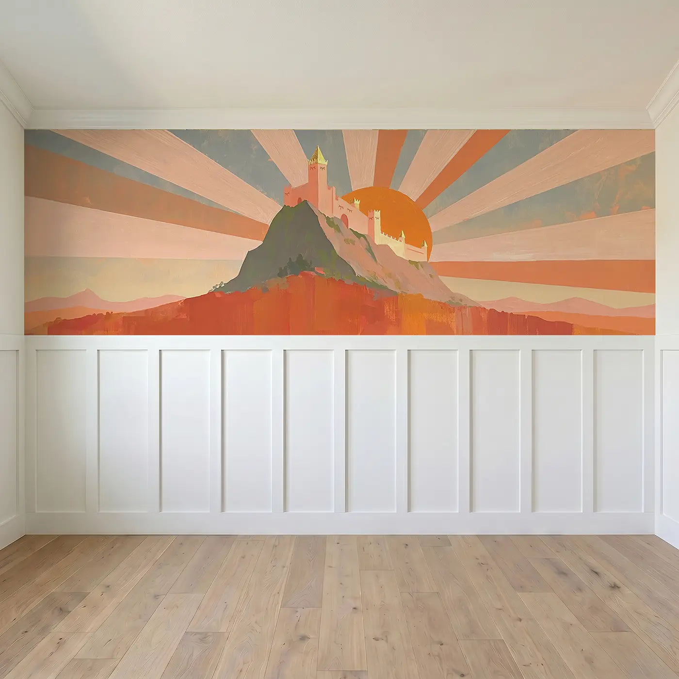 Full panel view of Bold Castle Mountain Sunrise Wainscoting Wallpaper by Whimsy Tots