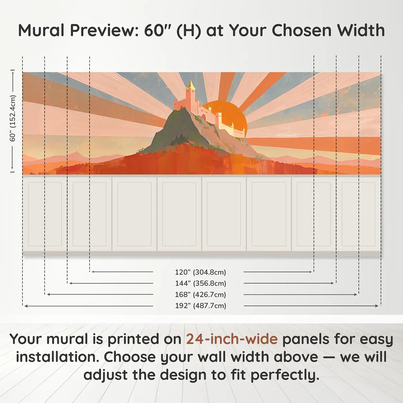 Panel dimensions for Bold Castle Mountain Sunrise Wainscoting Wallpaper by Whimsy Tots