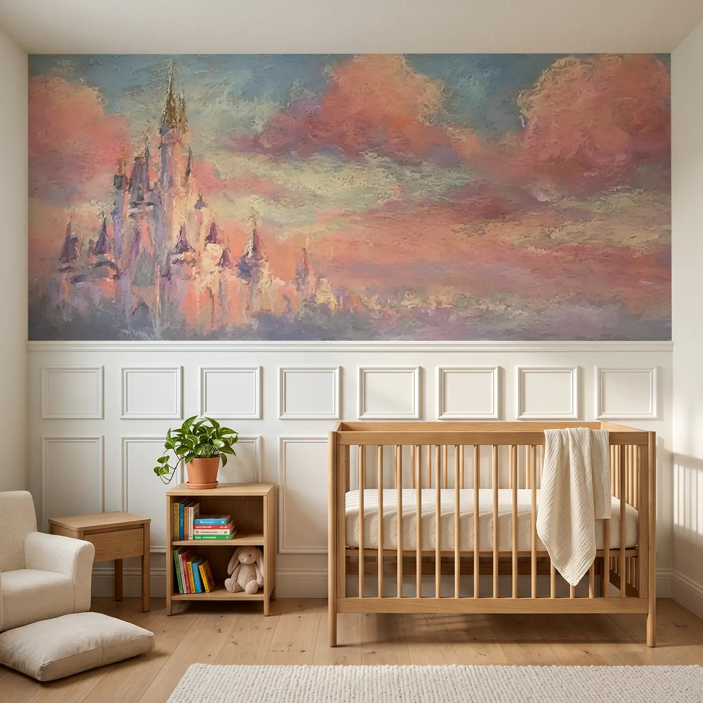 Soft Pastel castle pink sunset clouds wainscoting wallpaper for nursery by Whimsy Tots