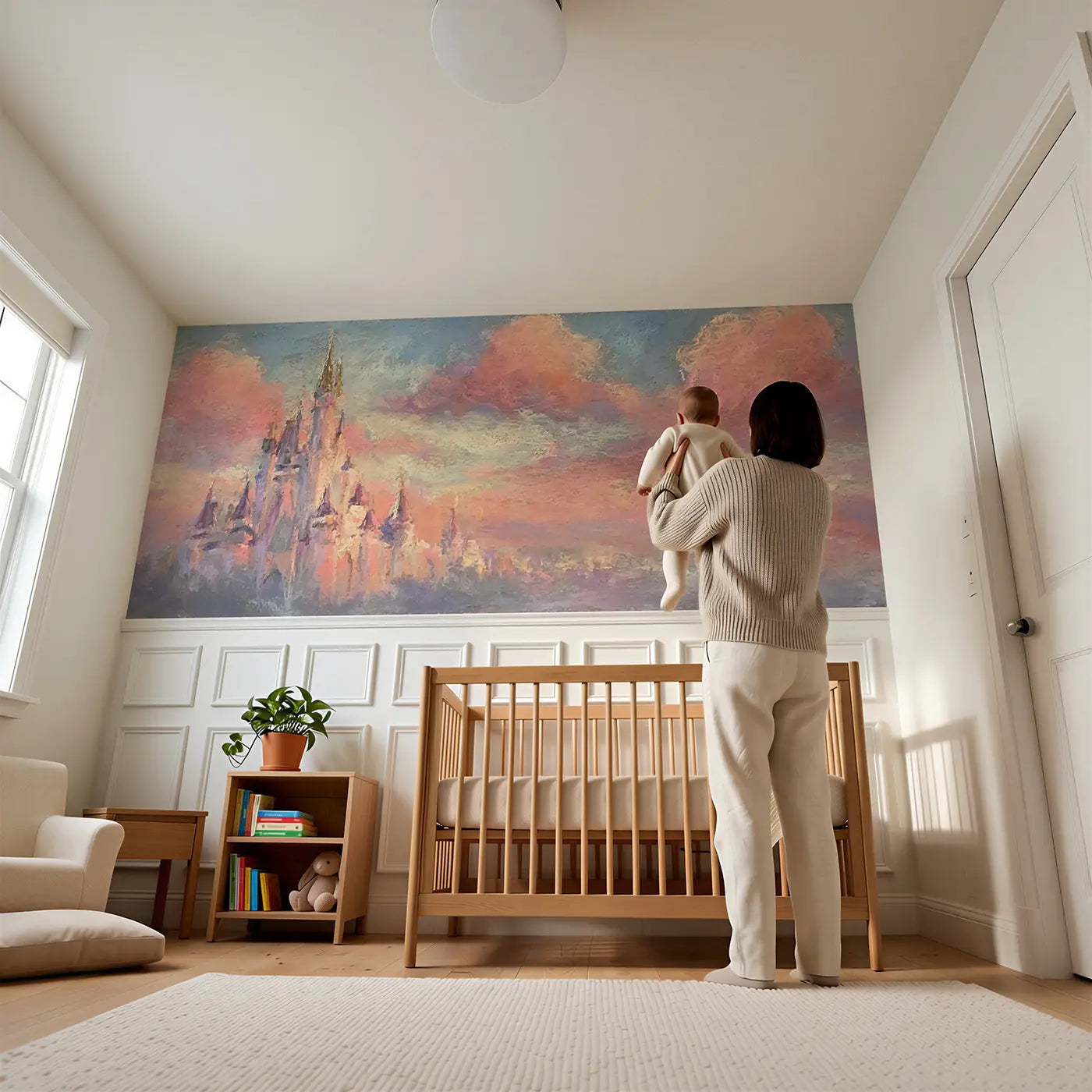Child reading near Pastel Castle Pink Sunset Clouds Wainscoting Wallpaper by Whimsy Tots