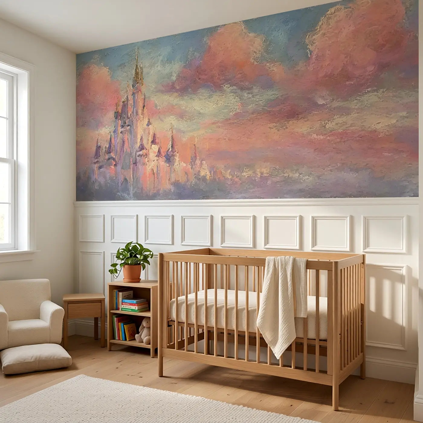 Pastel Castle Pink Sunset Clouds Wainscoting Wallpaper styled in a kids bedroom by Whimsy Tots