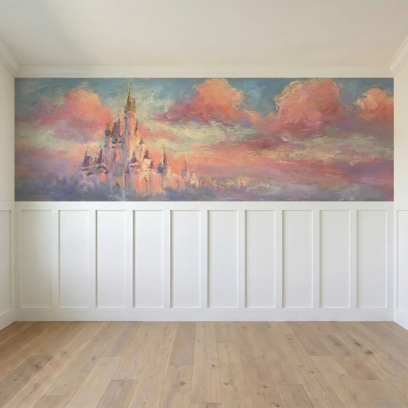 Full panel view of Pastel Castle Pink Sunset Clouds Wainscoting Wallpaper by Whimsy Tots
