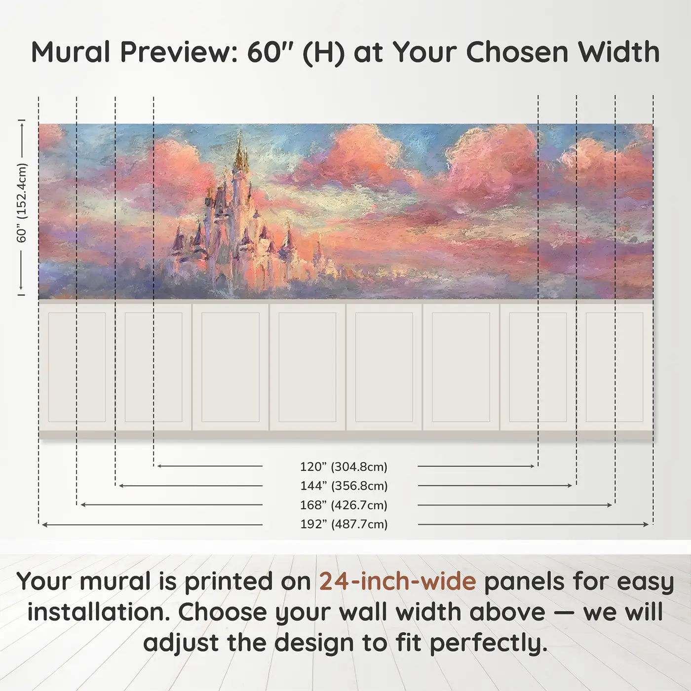 Panel dimensions for Pastel Castle Pink Sunset Clouds Wainscoting Wallpaper by Whimsy Tots
