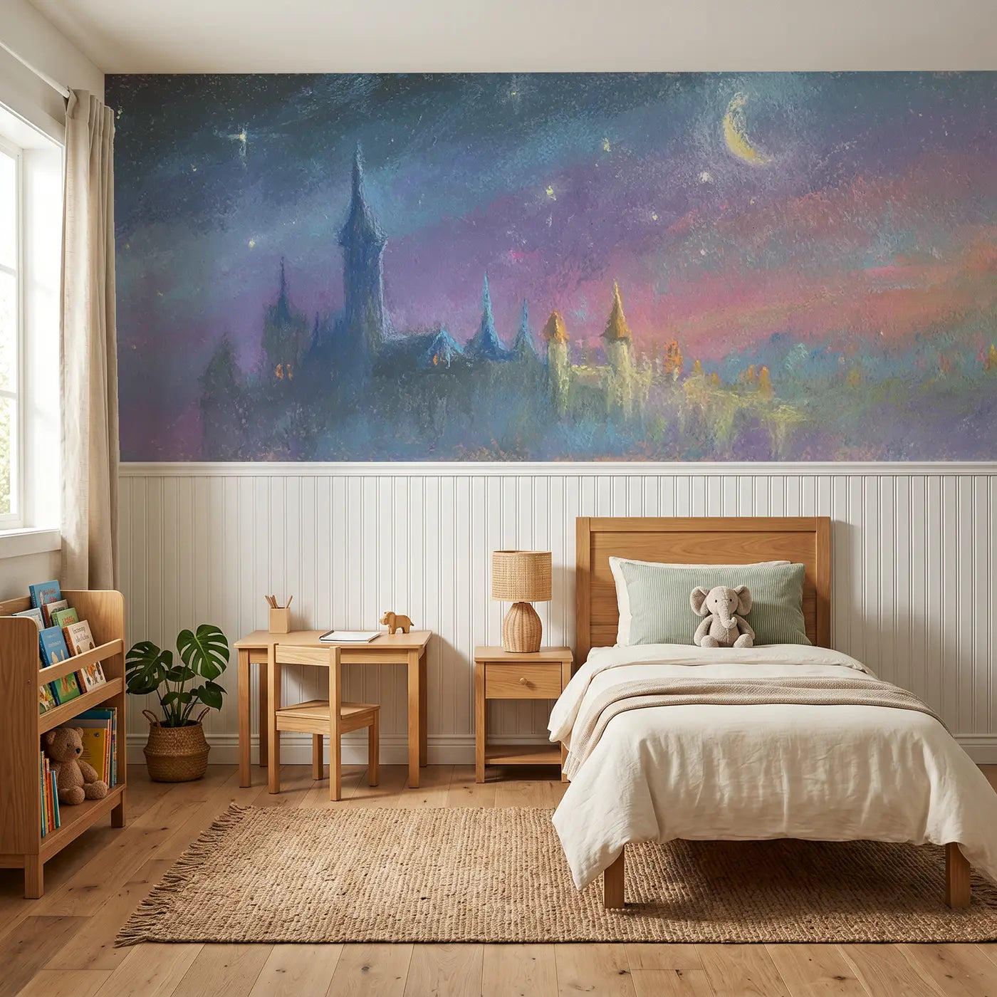 Soft Pastel castle starry night chalk wainscoting wallpaper for nursery by Whimsy Tots