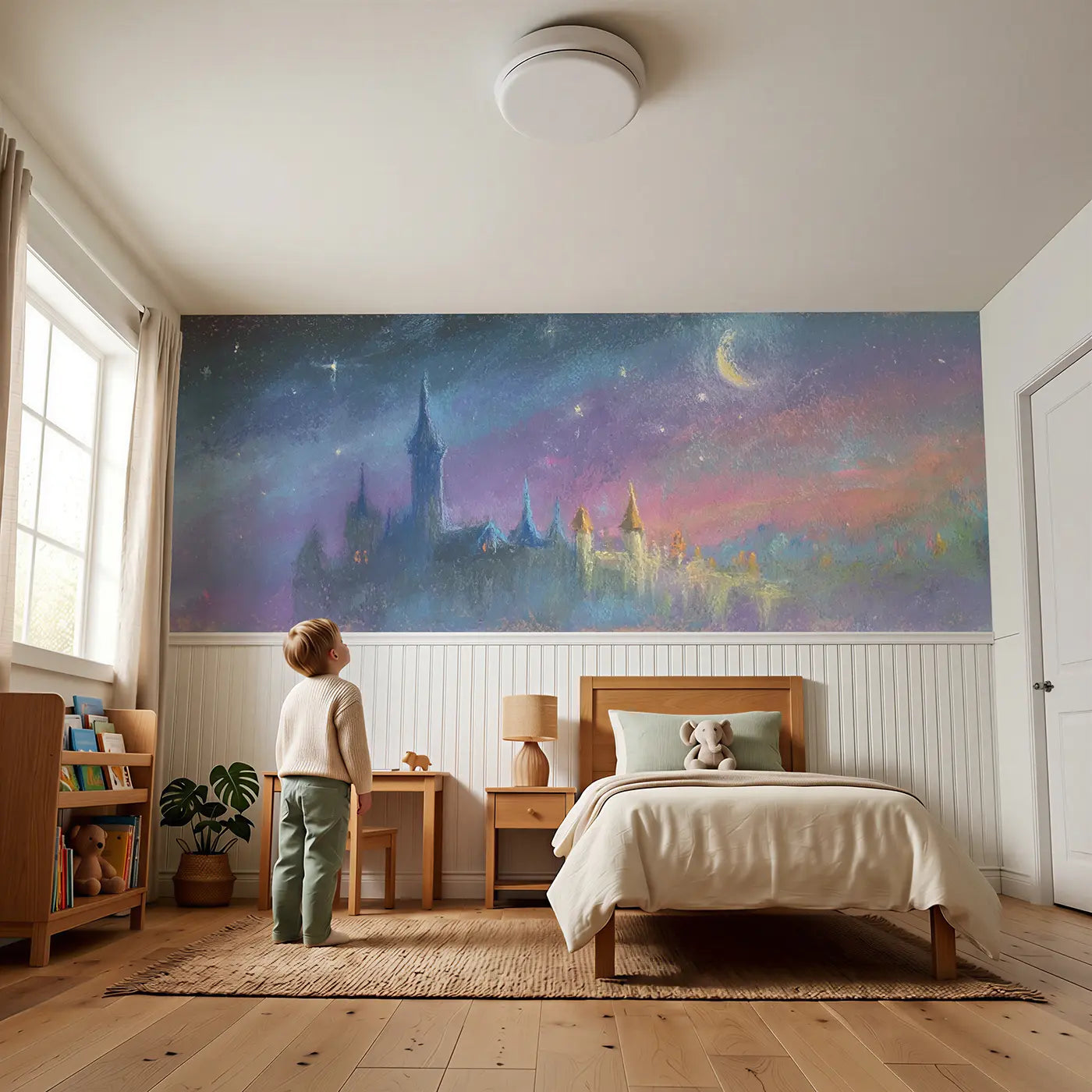 Child reading near Chalk Castle Starry Night Soft Wainscoting Wallpaper by Whimsy Tots