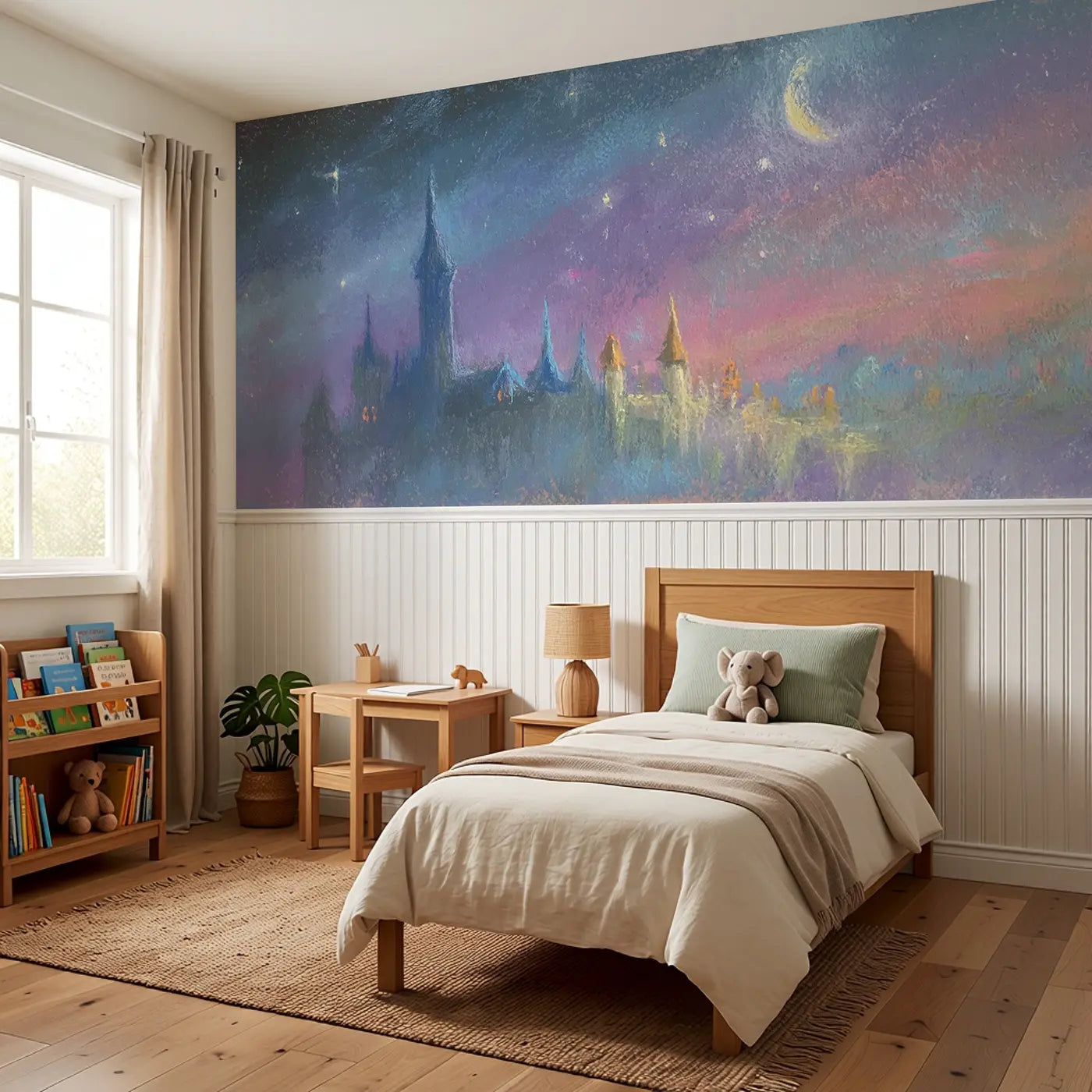 Chalk Castle Starry Night Soft Wainscoting Wallpaper styled in a kids bedroom by Whimsy Tots