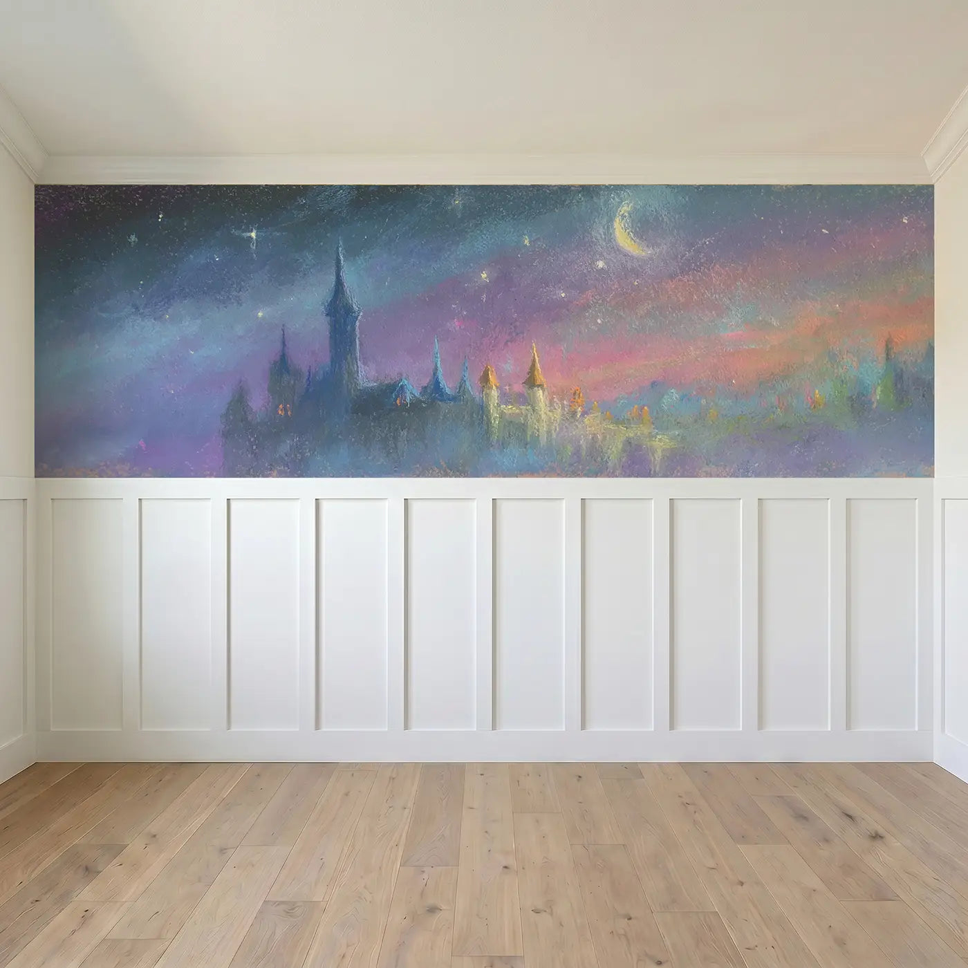 Full panel view of Chalk Castle Starry Night Soft Wainscoting Wallpaper by Whimsy Tots