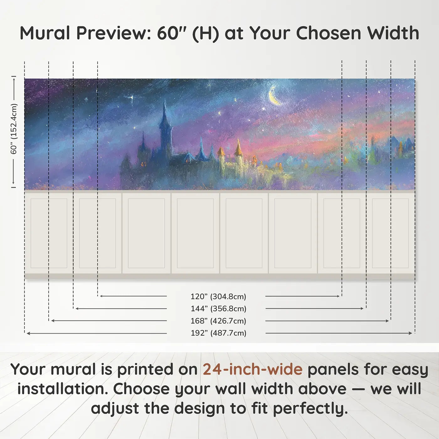 Panel dimensions for Chalk Castle Starry Night Soft Wainscoting Wallpaper by Whimsy Tots
