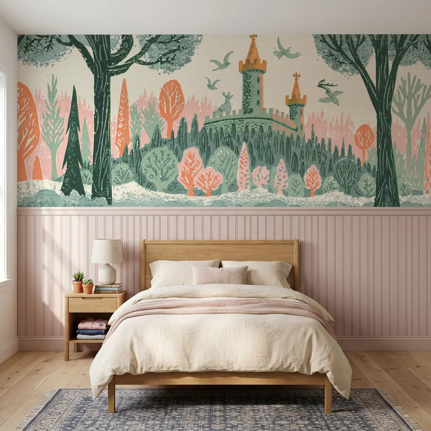 Block Print castle forest kingdom wainscoting wallpaper for bedroom by Whimsy Tots