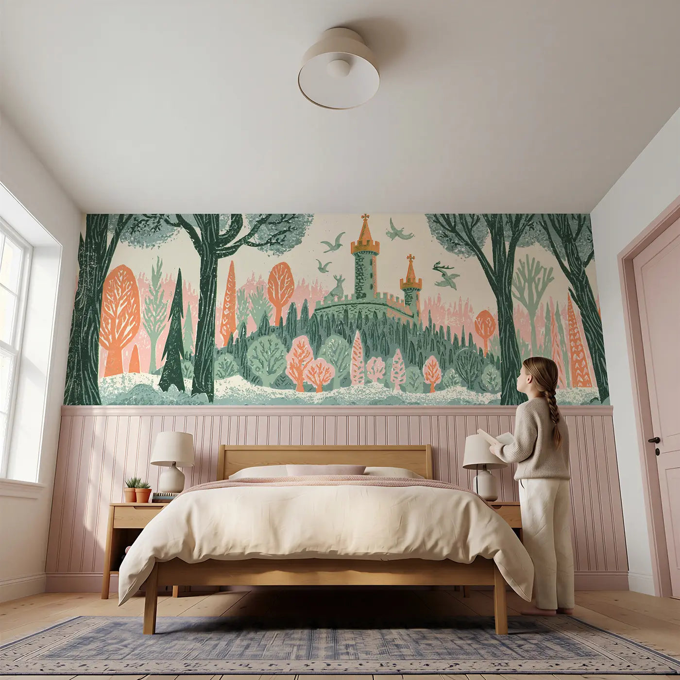 Child reading near Carved Castle Forest Kingdom Wainscoting Wallpaper by Whimsy Tots