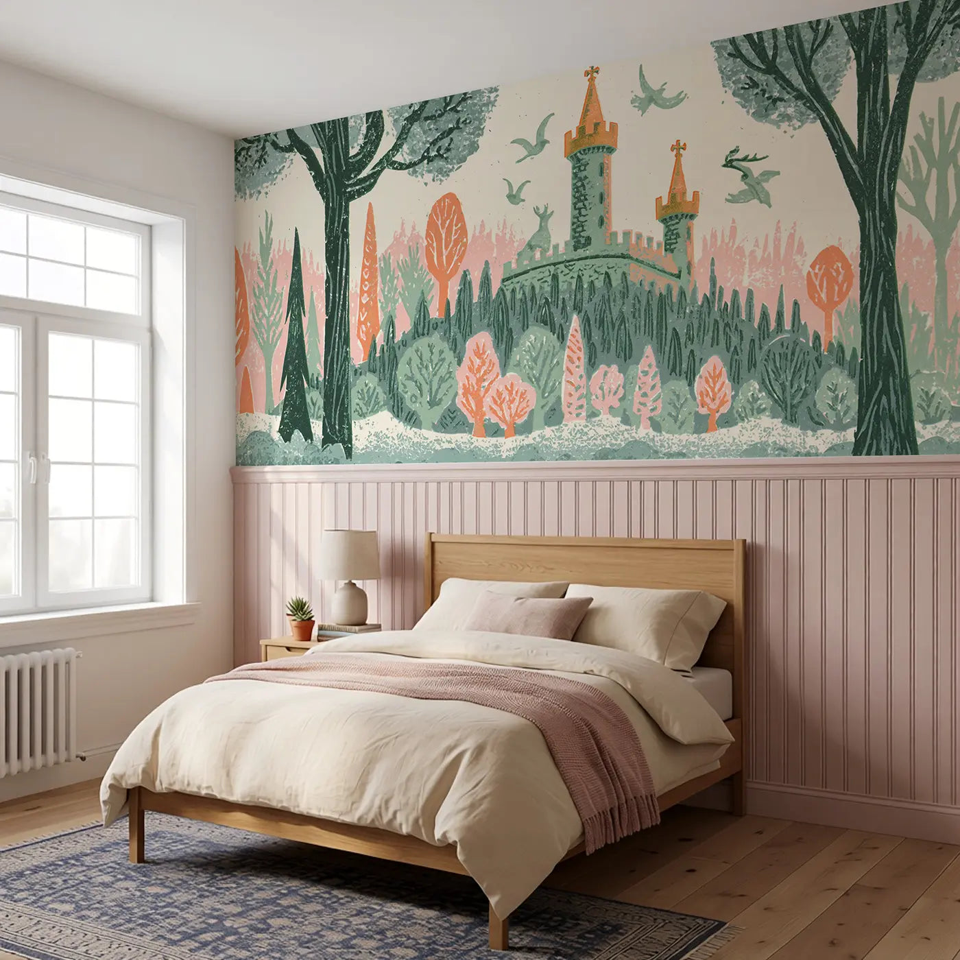 Carved Castle Forest Kingdom Wainscoting Wallpaper styled in a kids bedroom by Whimsy Tots