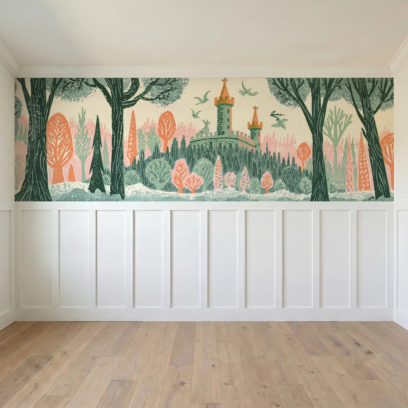 Full panel view of Carved Castle Forest Kingdom Wainscoting Wallpaper by Whimsy Tots