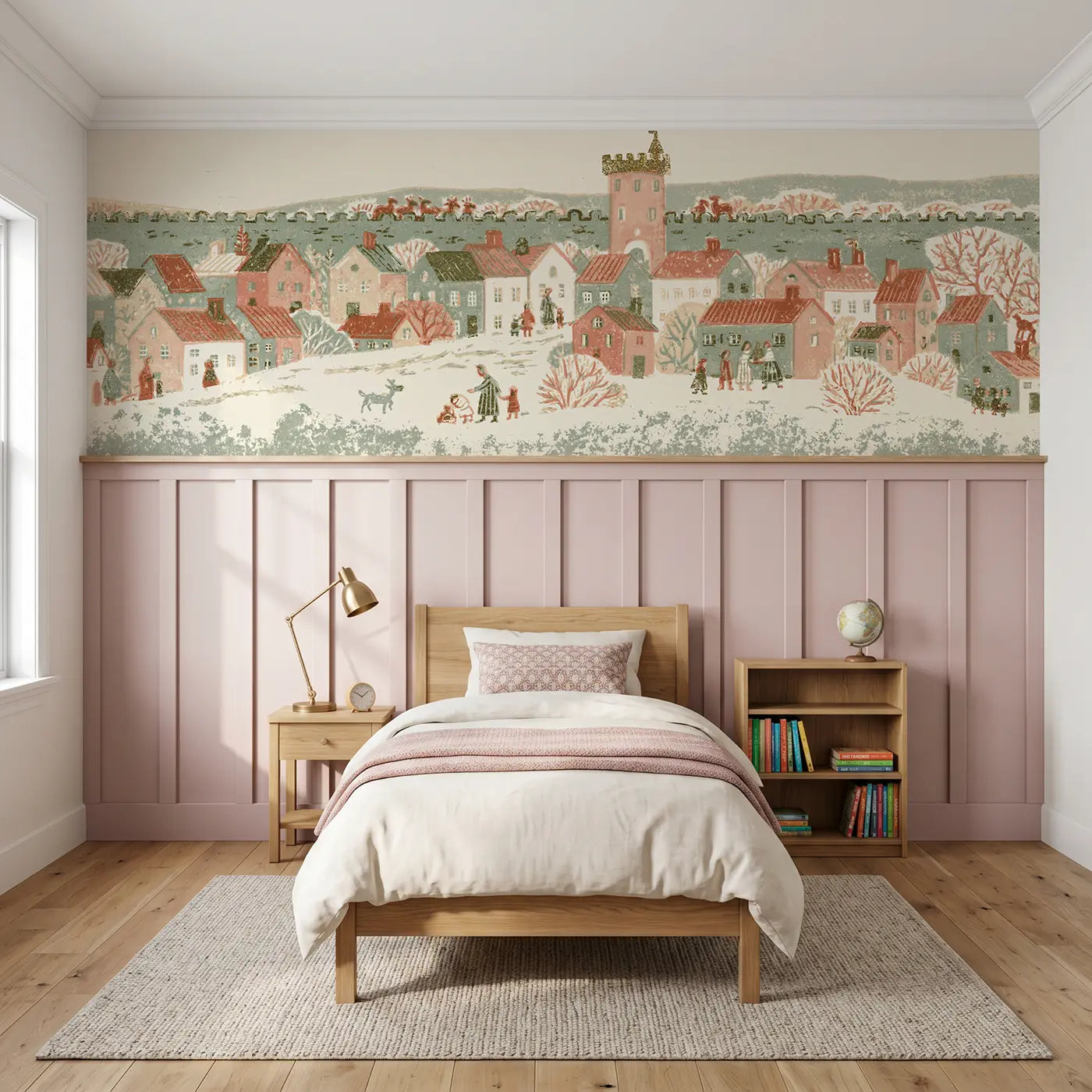 Block Print castle town walls wainscoting wallpaper for bedroom by Whimsy Tots